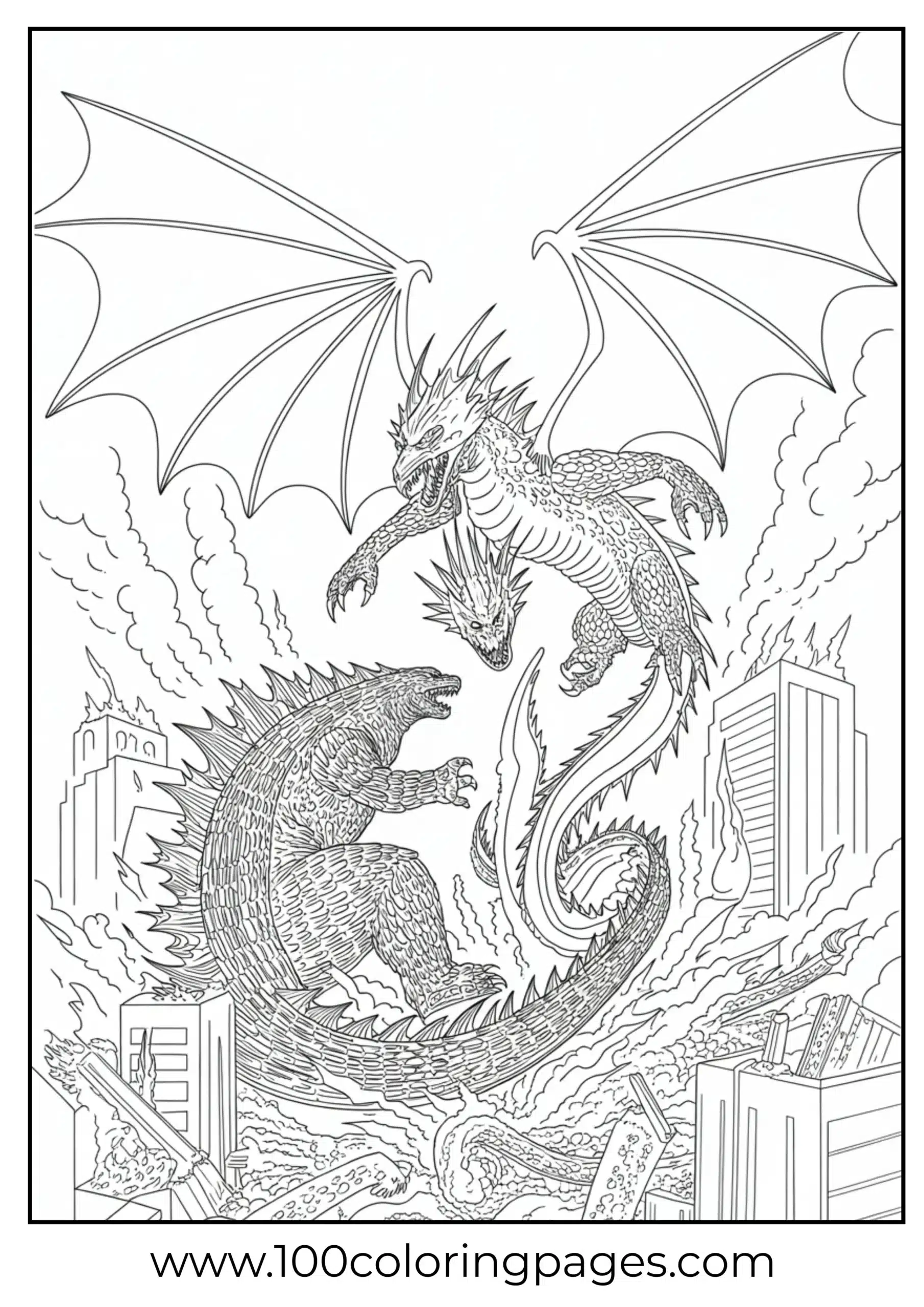 Godzilla battling King Ghidorah epic win coloring page