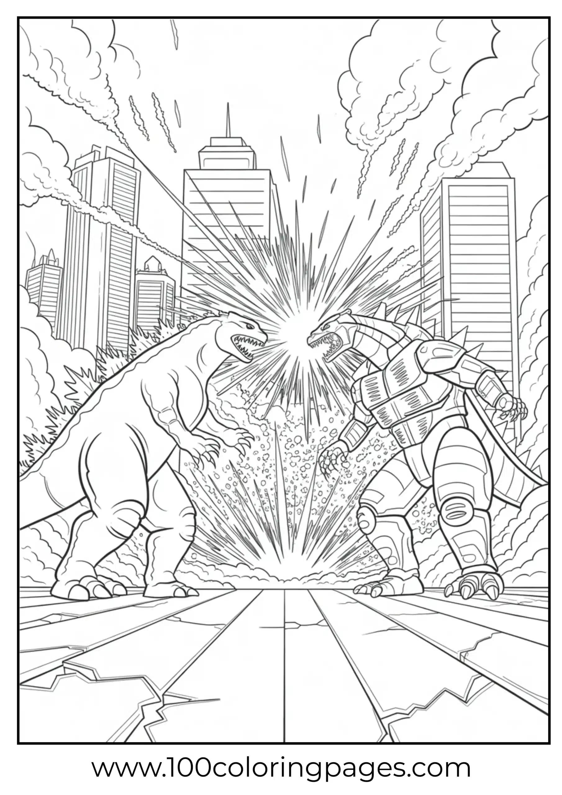 Godzilla fighting Mechagodzilla in city coloring page
