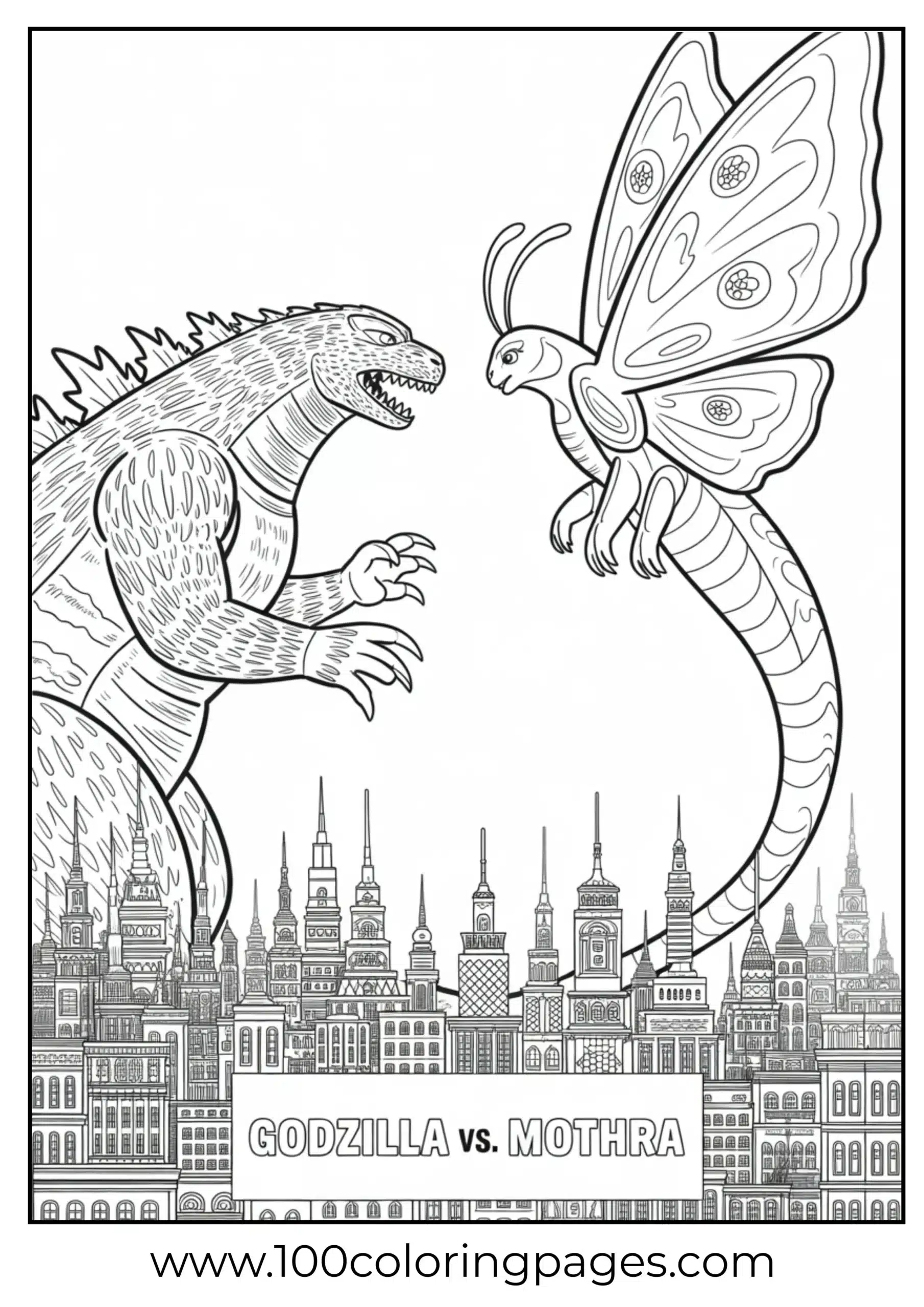 Godzilla battling Mothra in skyline coloring page