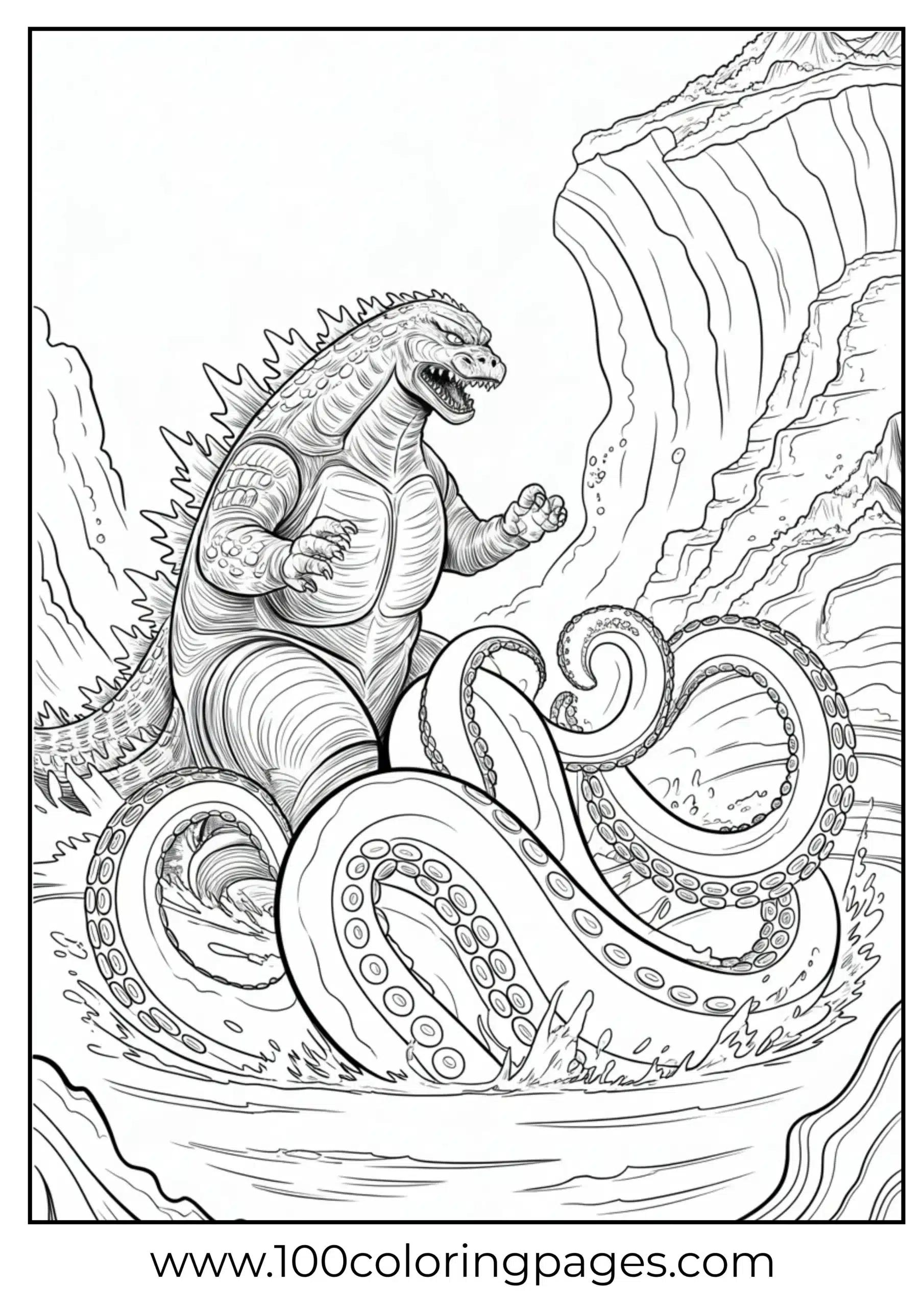 Godzilla battling giant octopus near sea cliffs coloring page