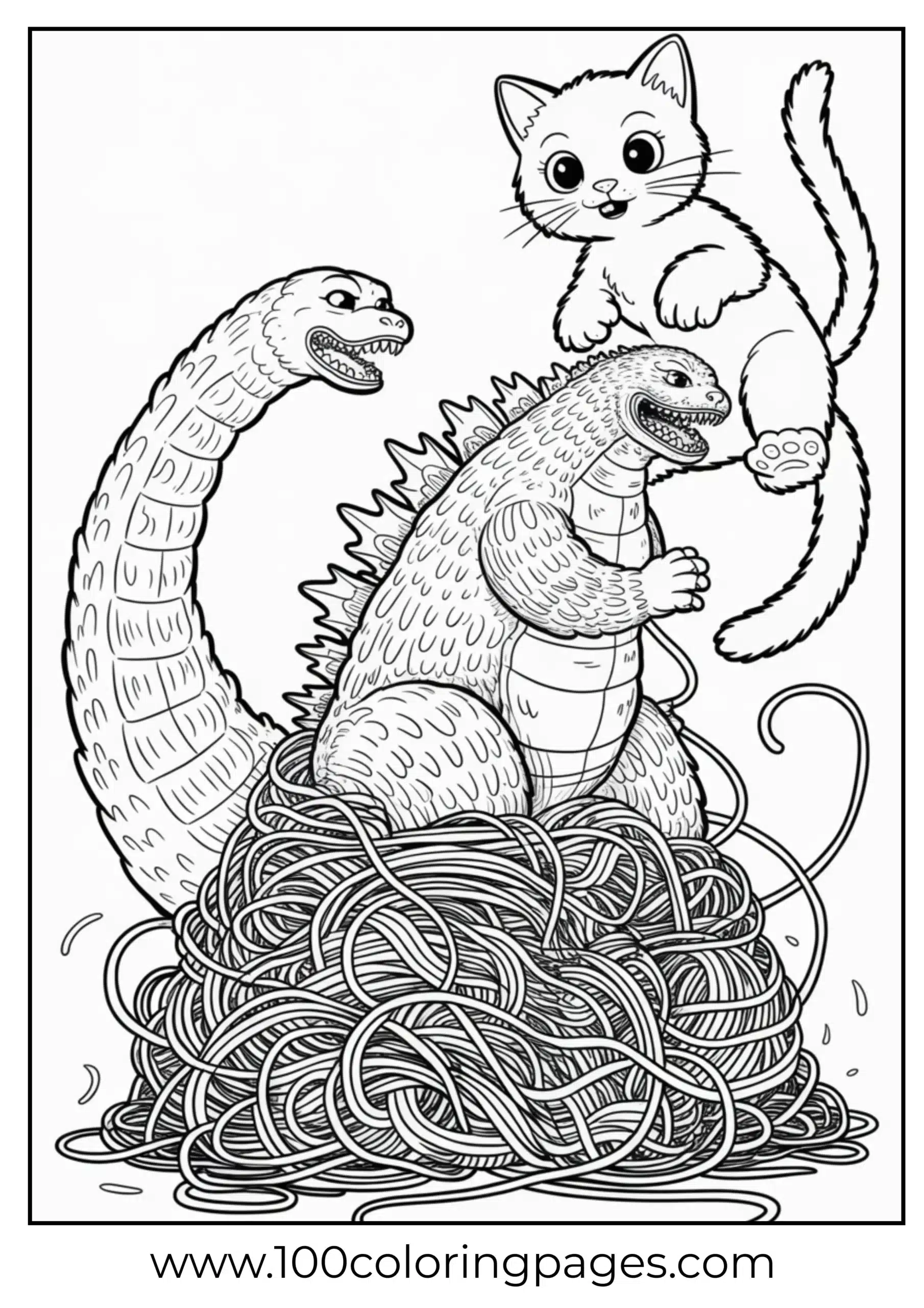 Godzilla tangled in yarn beside kitten coloring page