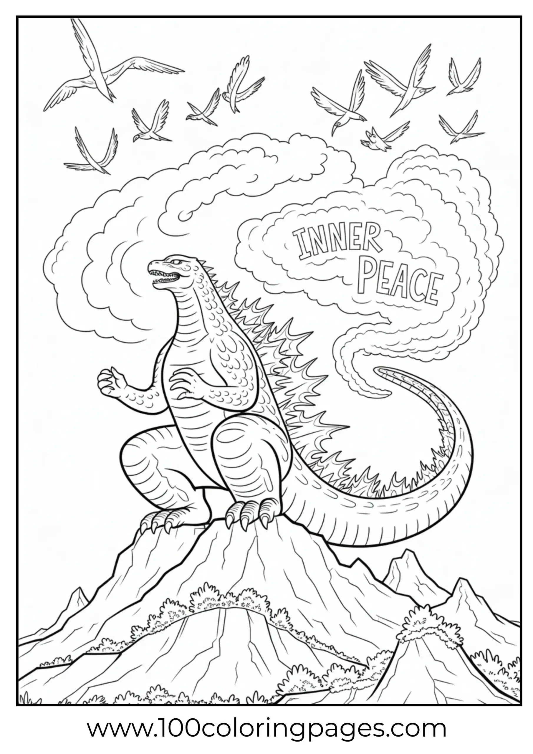 Godzilla meditating peacefully on mountain coloring page