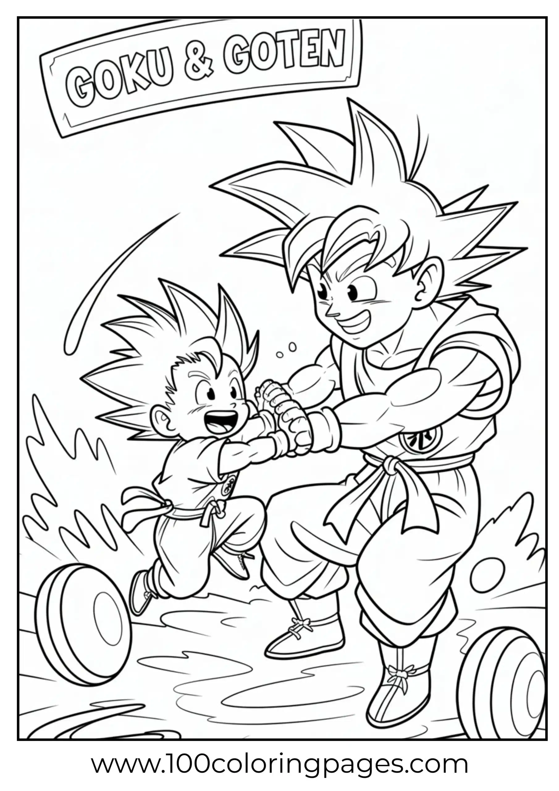 Goku sparring with Goten coloring page