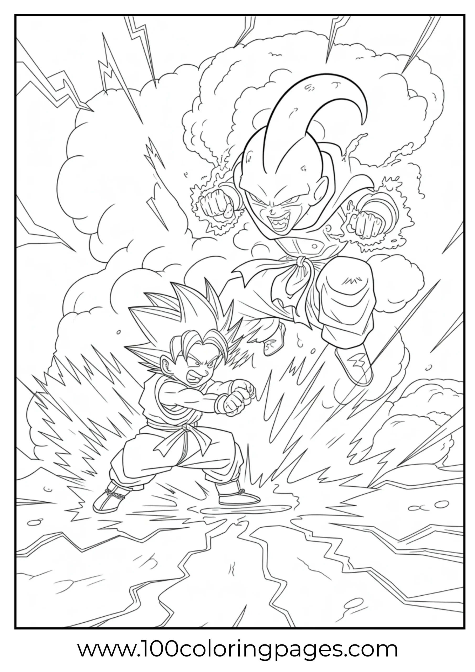 Goku vs Kid Buu intense clash coloring page