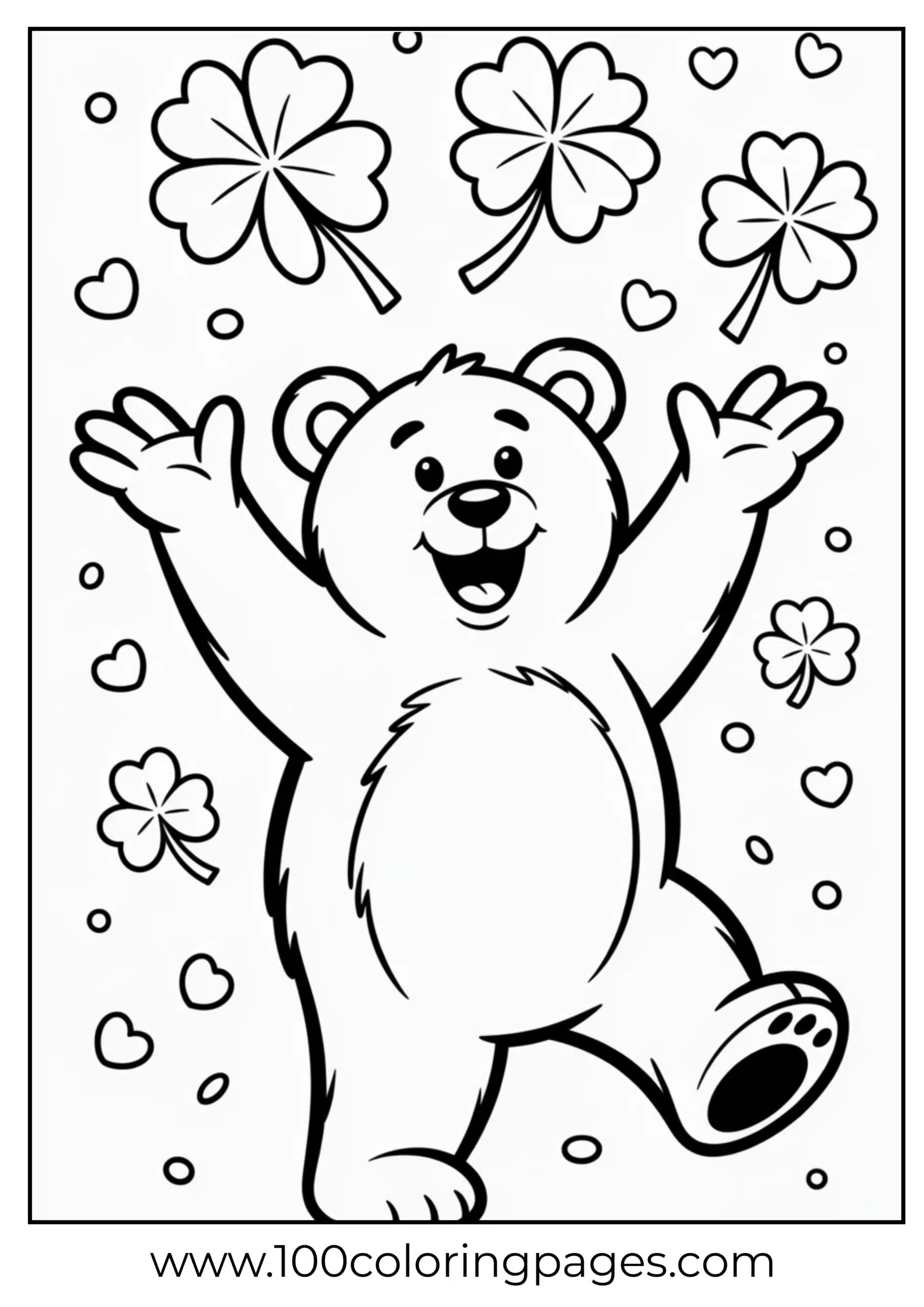 Good Luck Bear celebrating with clovers coloring page