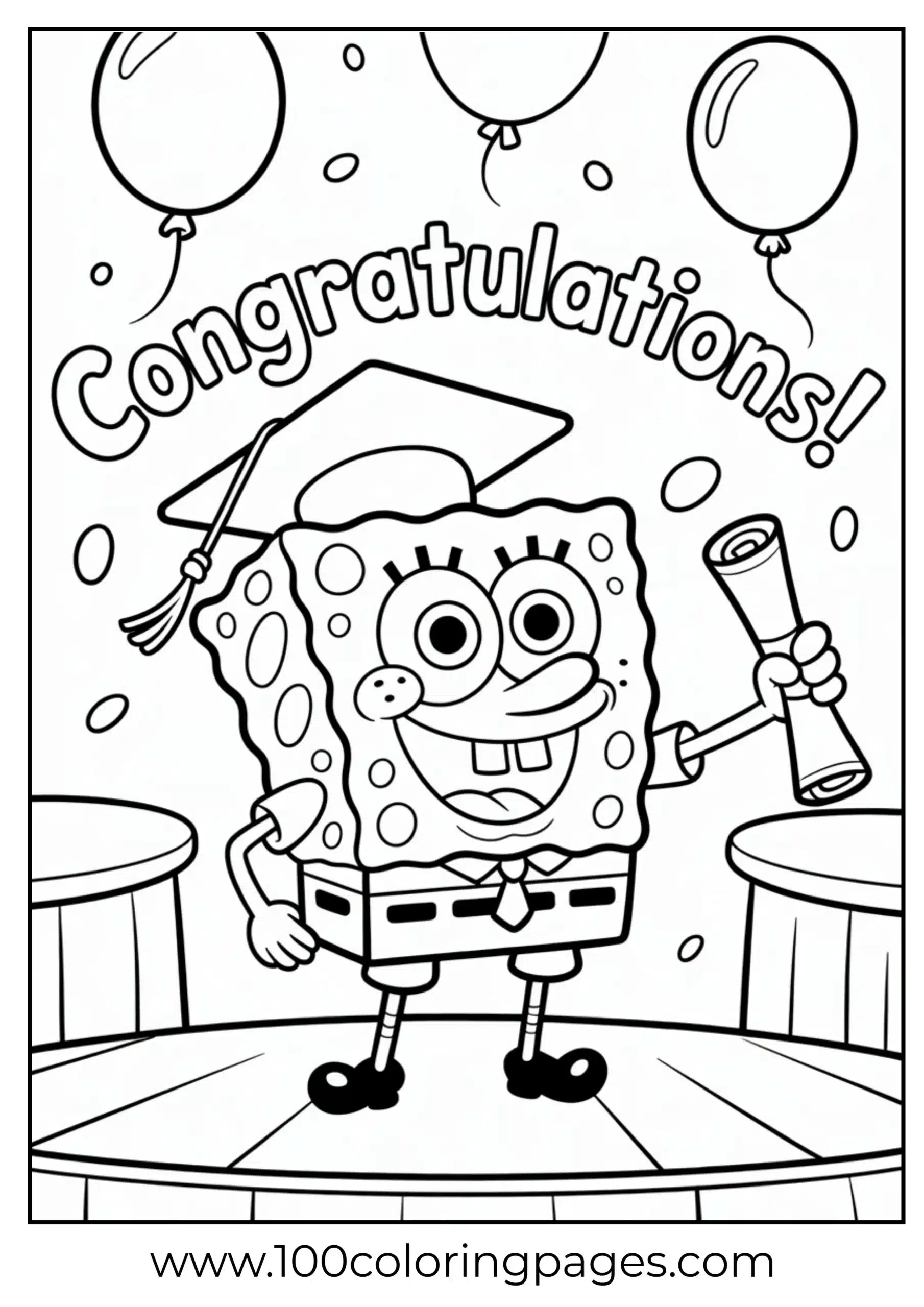 SpongeBob celebrating graduation in cap and gown