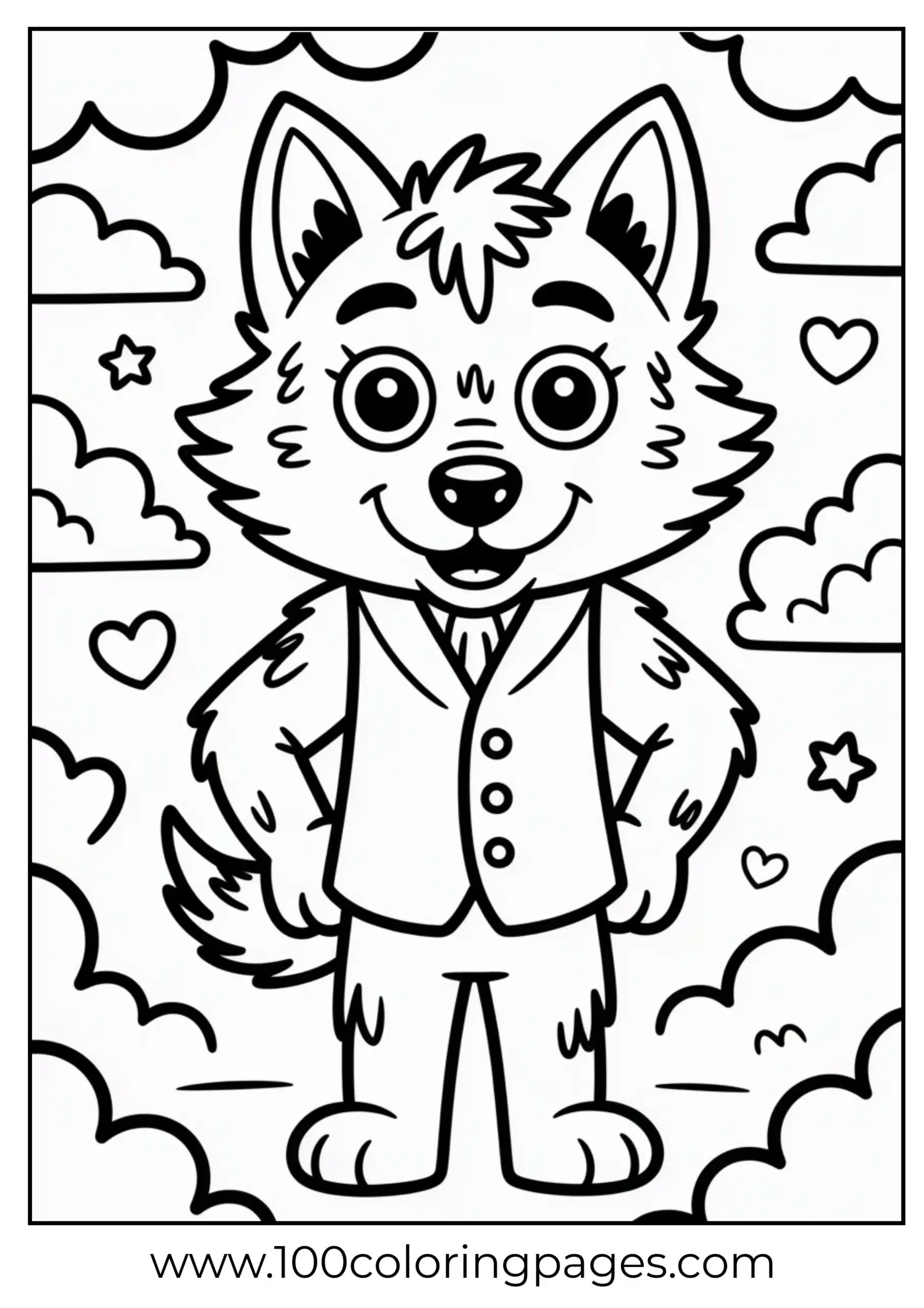 Gruber wolf and clouds coloring page