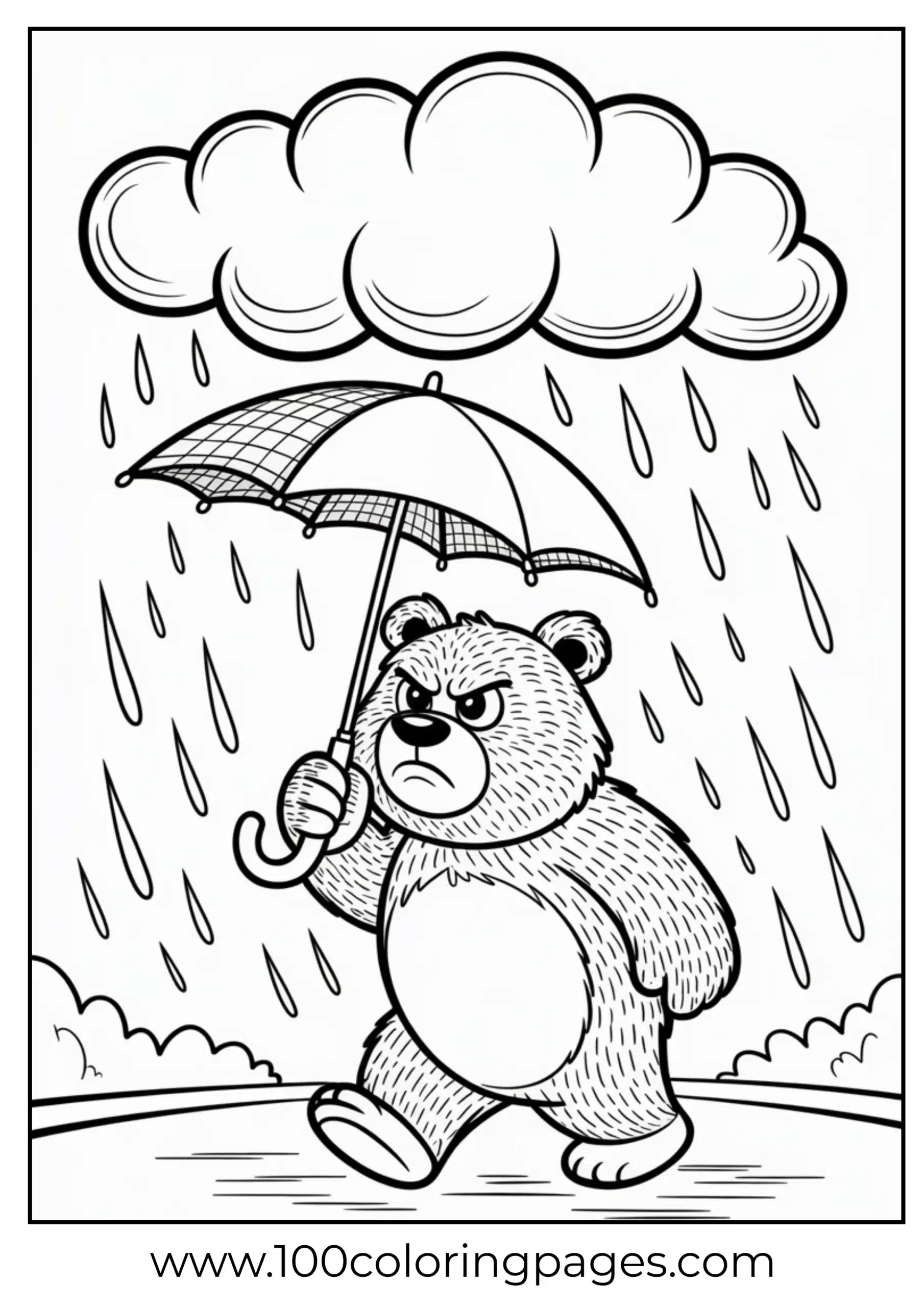 Grumpy Bear under umbrella in rain coloring page