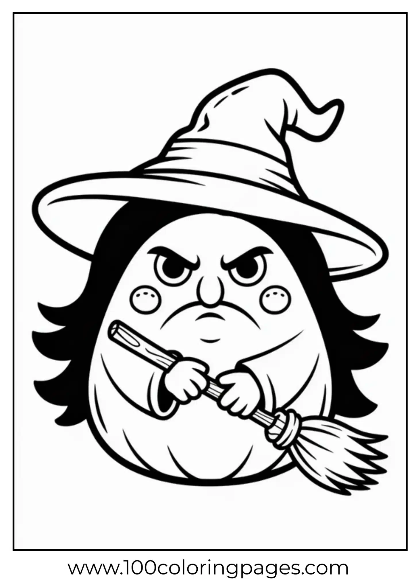 Cartoon witch with angry face holding a broom to color