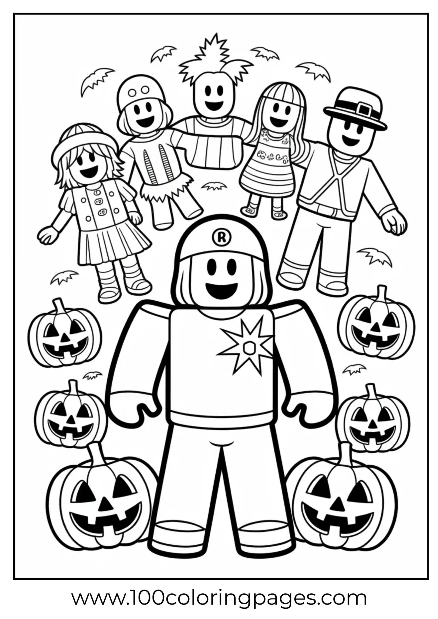 Cartoon characters in Halloween costumes with pumpkins