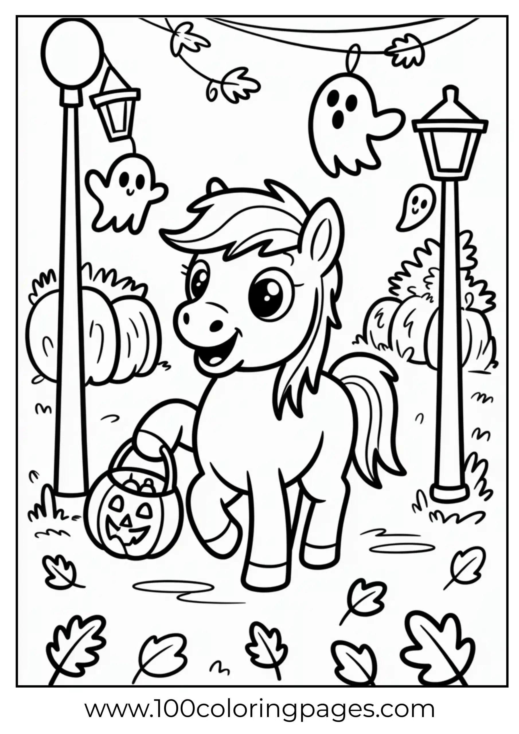 Pony trick or treating with pumpkins