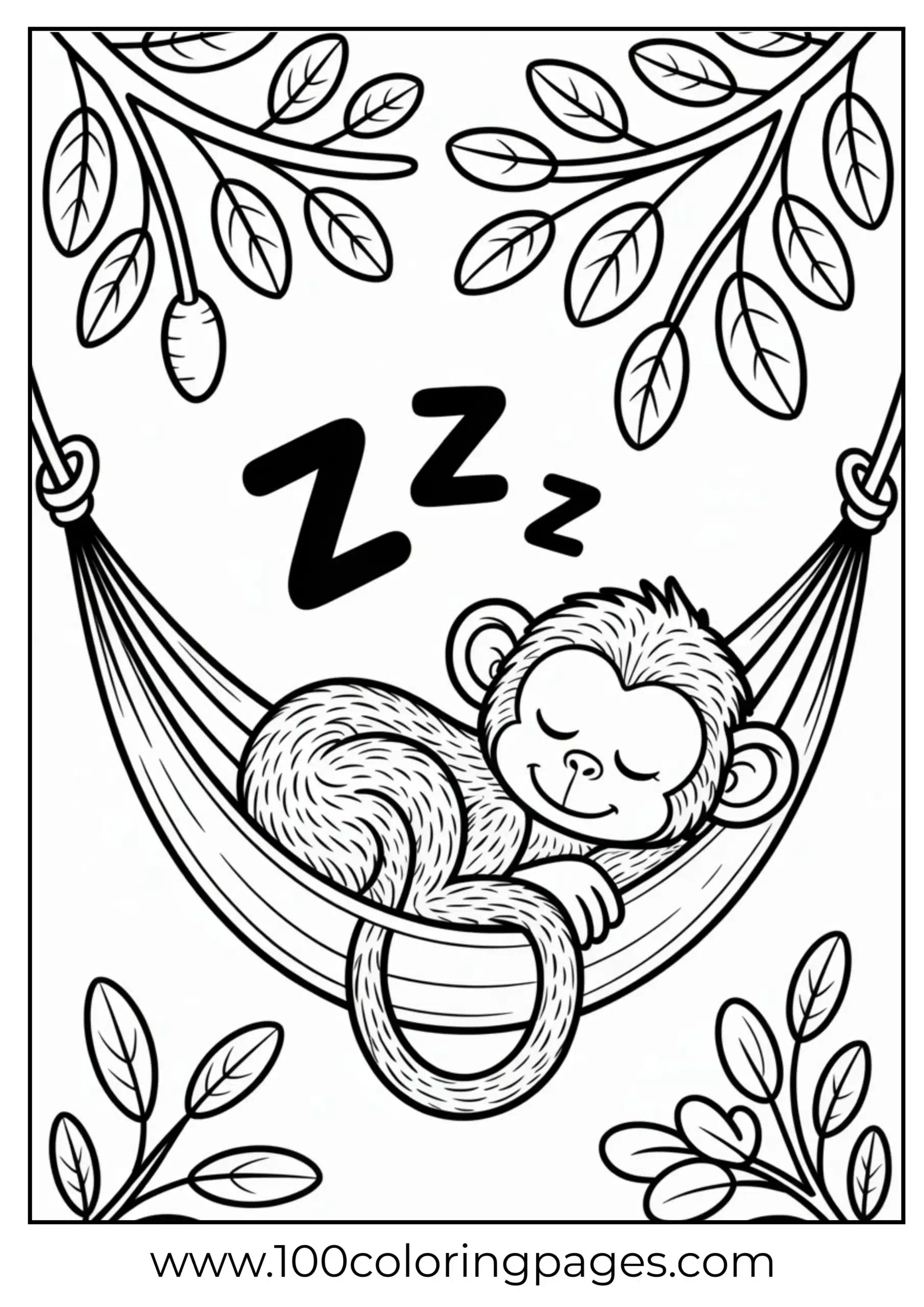 Monkey sleeping in hammock coloring page