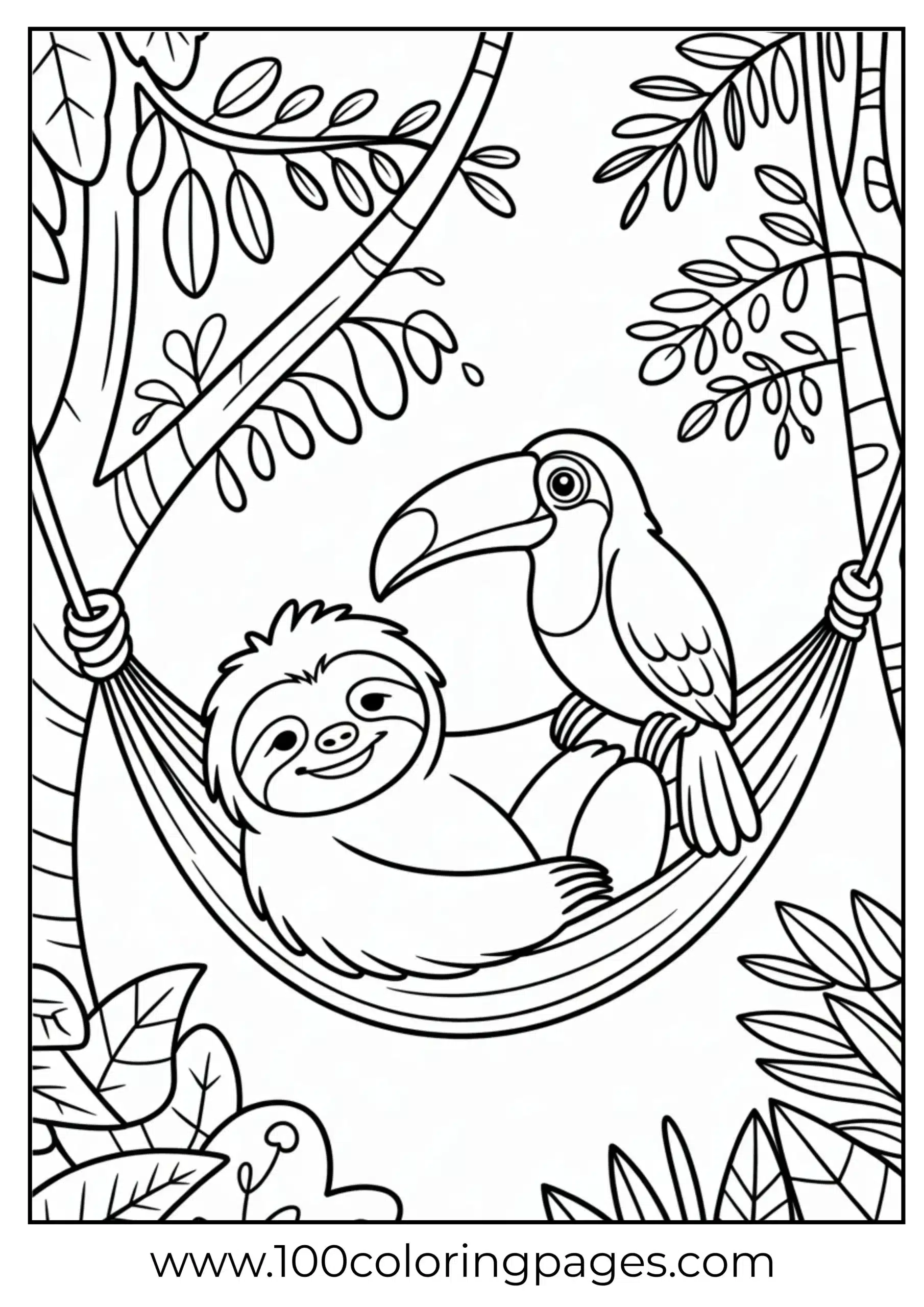 Sloth and toucan relaxing in hammock coloring page