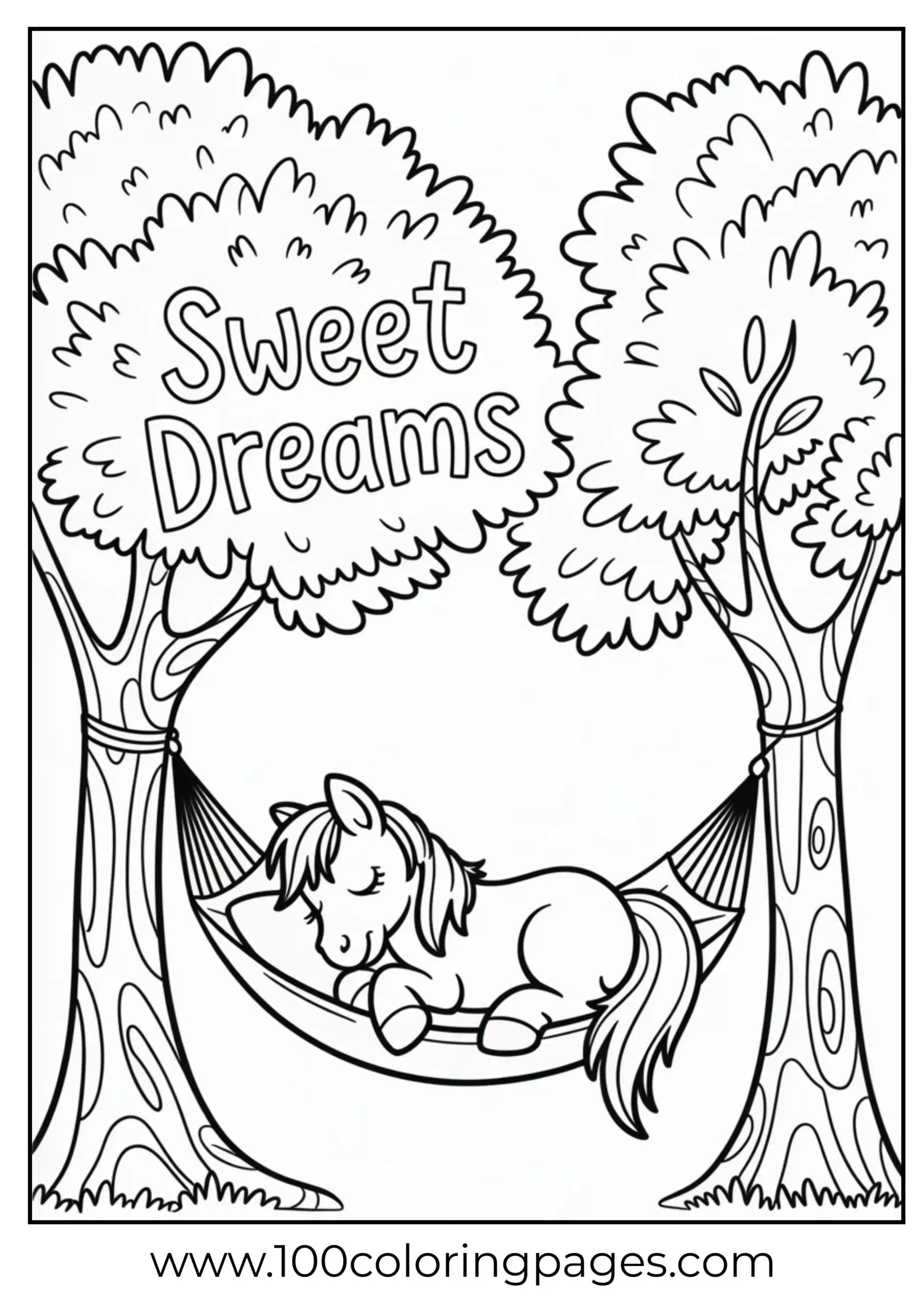 Pony napping in hammock under trees