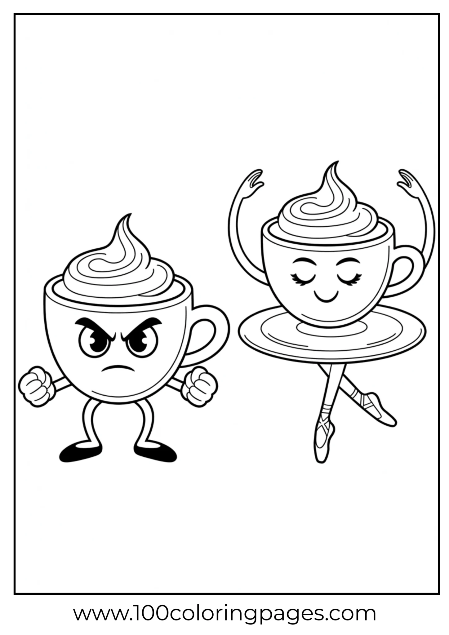Coloring page of a happy and an angry coffee cup