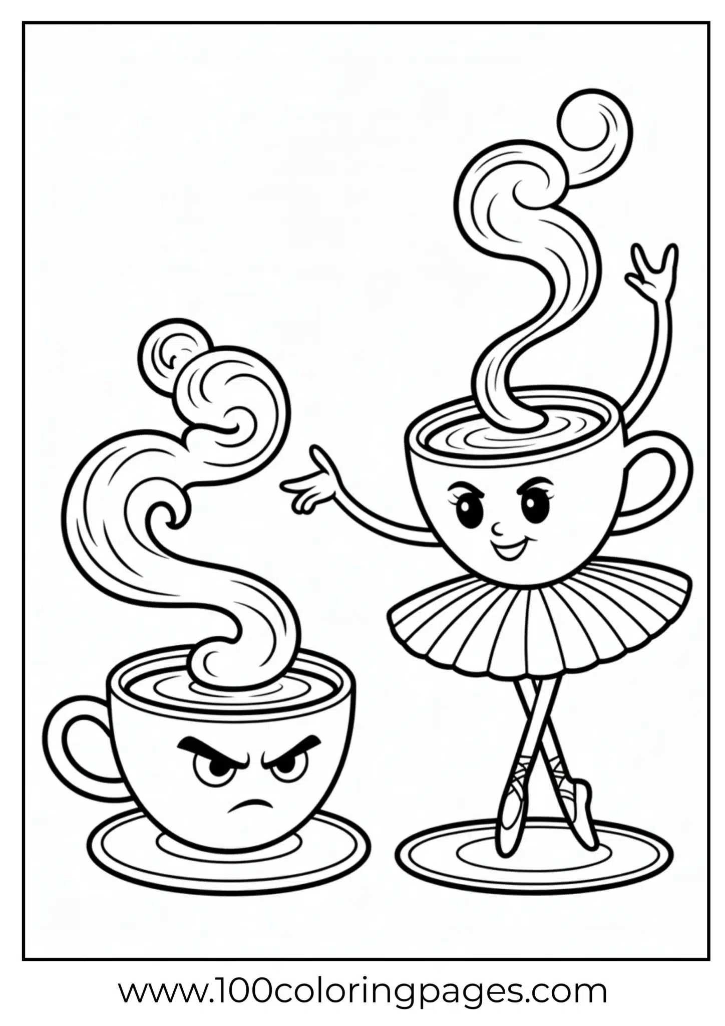 Coloring page of a smiling and a frowning coffee cup