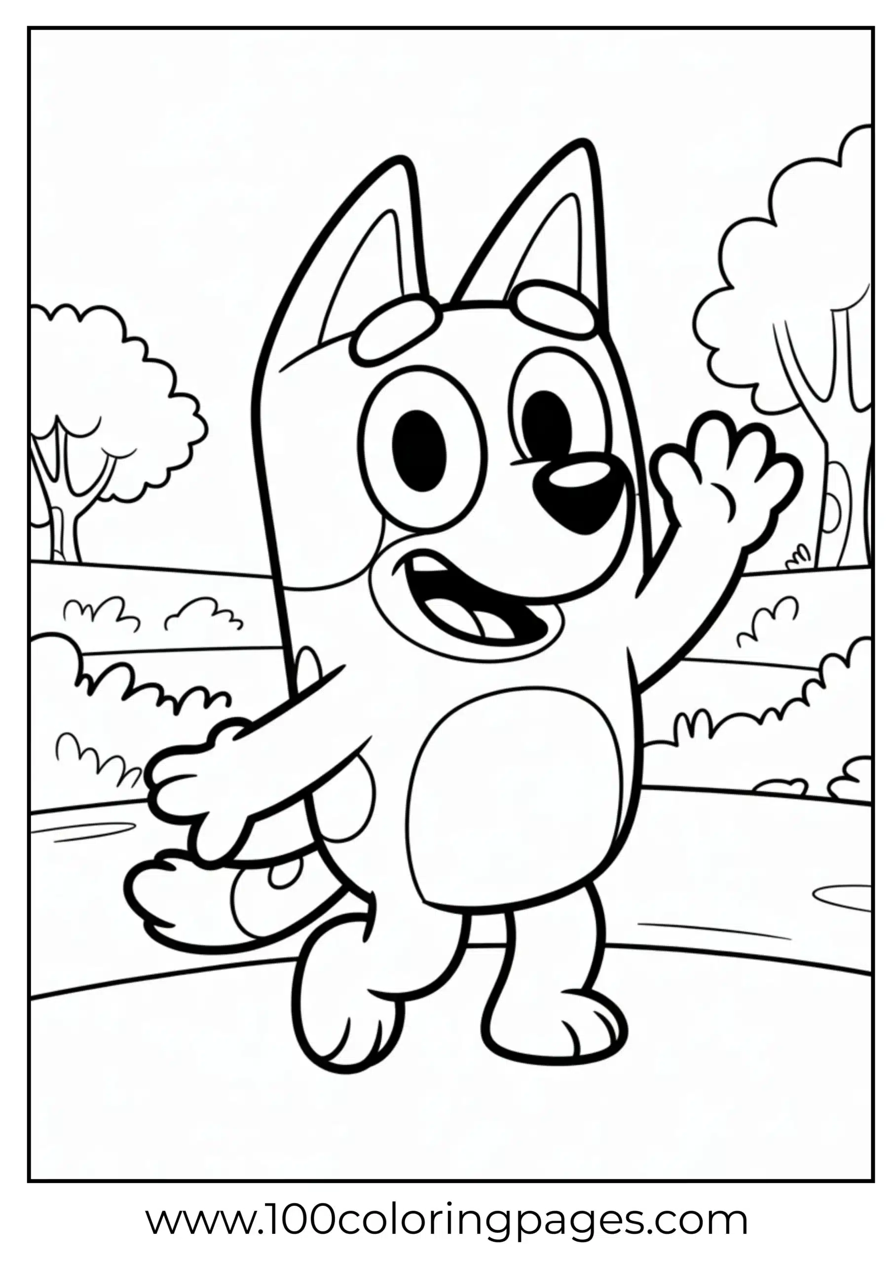 Bluey dancing and waving coloring page
