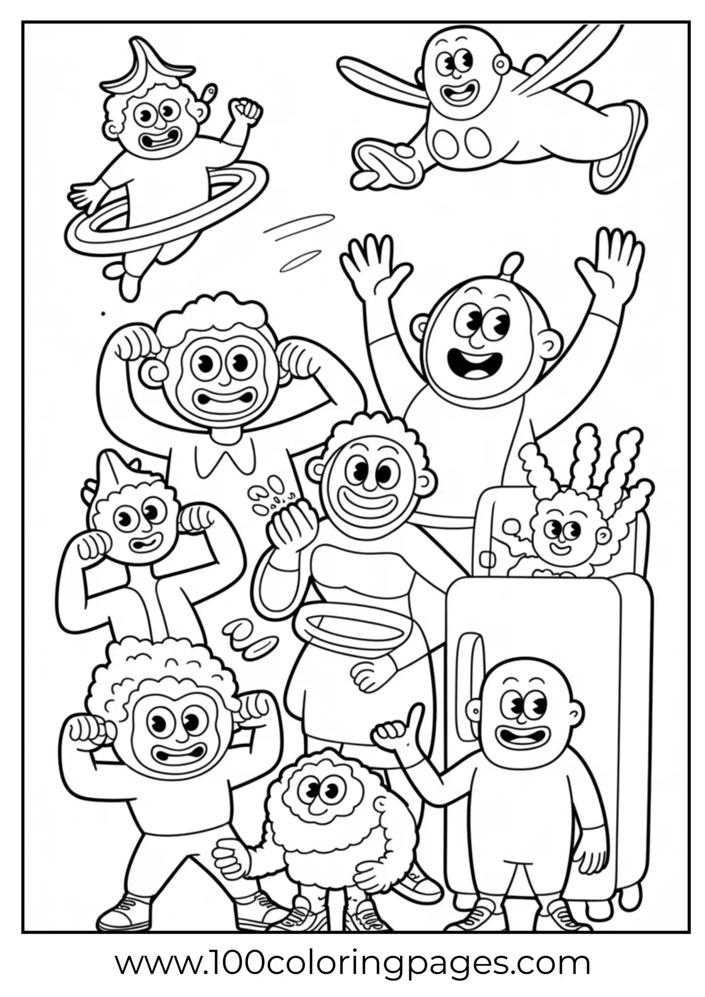 Cartoon family with diverse playful actions to color