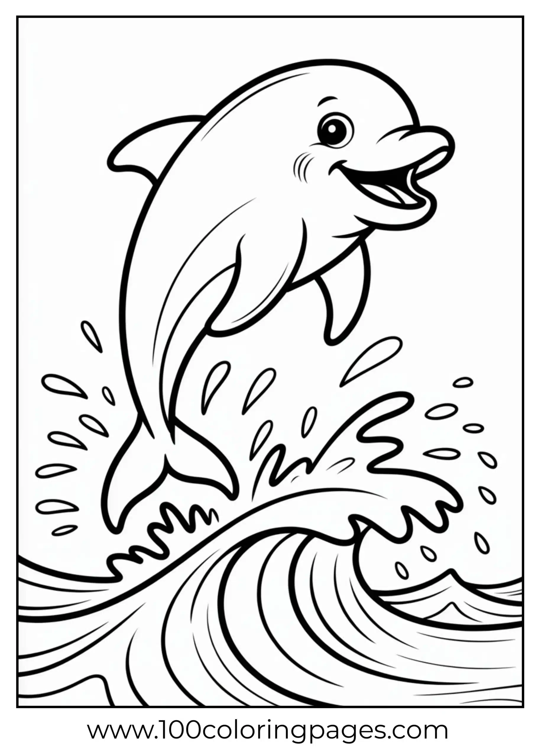 Baby dolphin jumping over wave coloring page