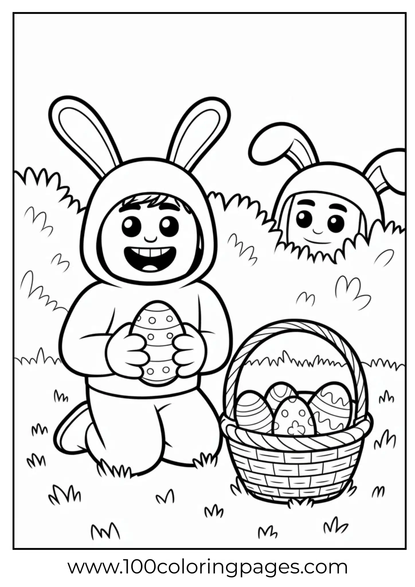 Two children in bunny costumes holding an Easter egg