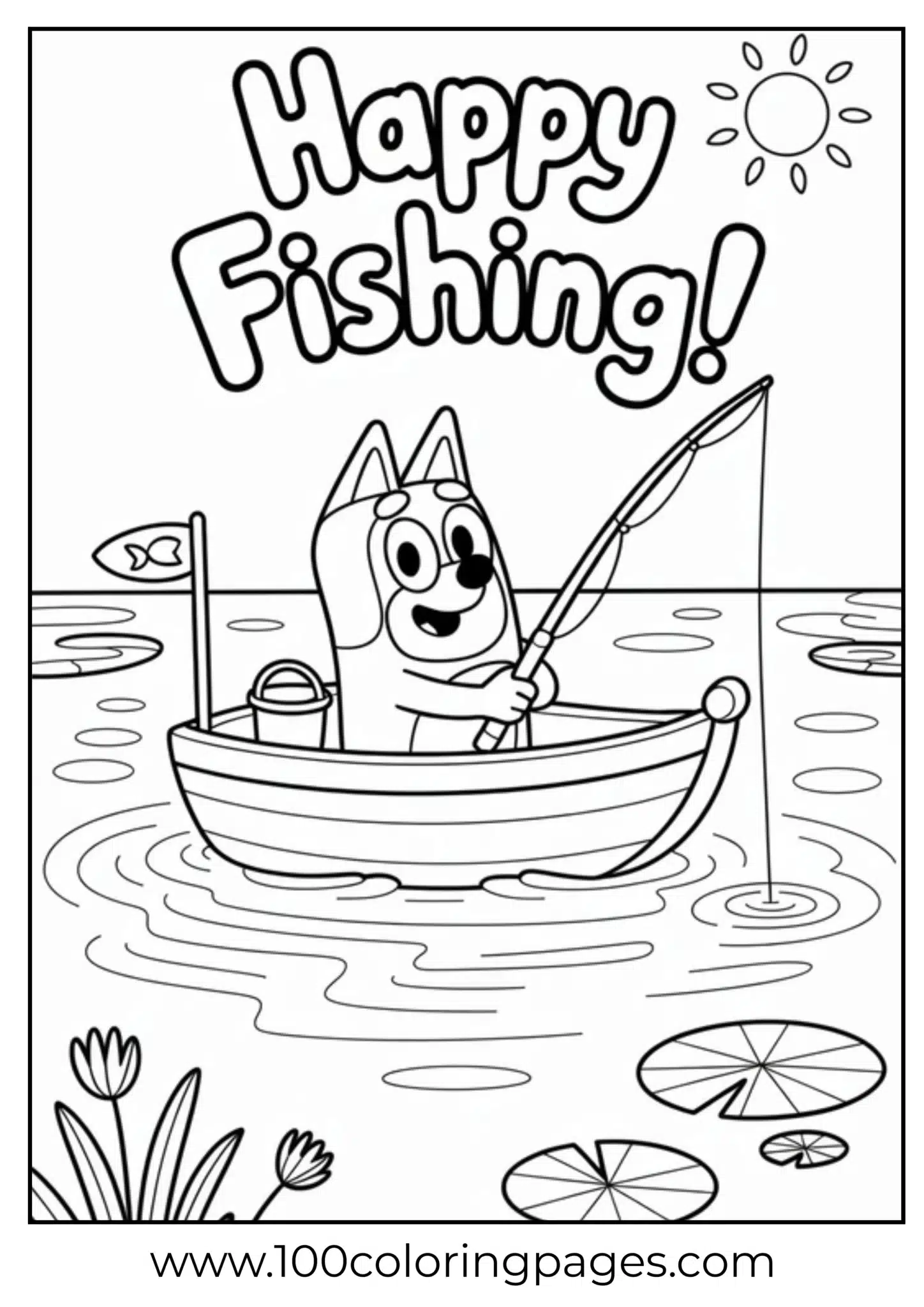 Cartoon dog fishing in a boat on a sunny day