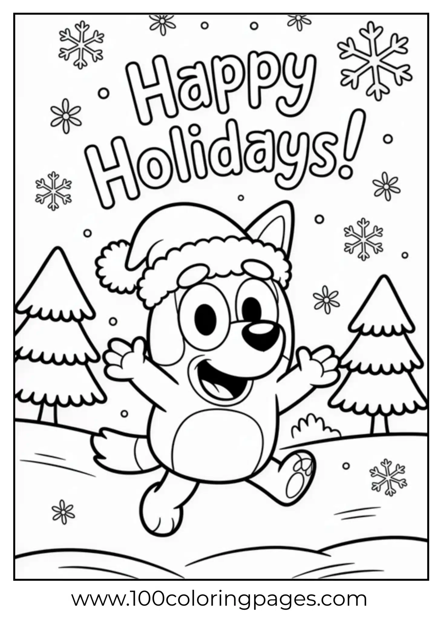 Cartoon dog in Santa hat jumping joyfully in snow