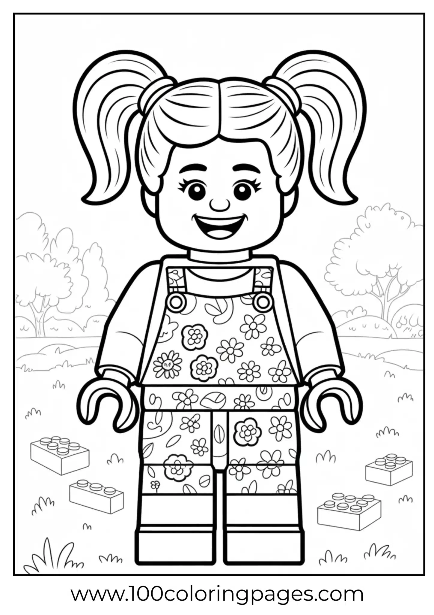 Lego girl with pigtails in floral overalls ready for coloring