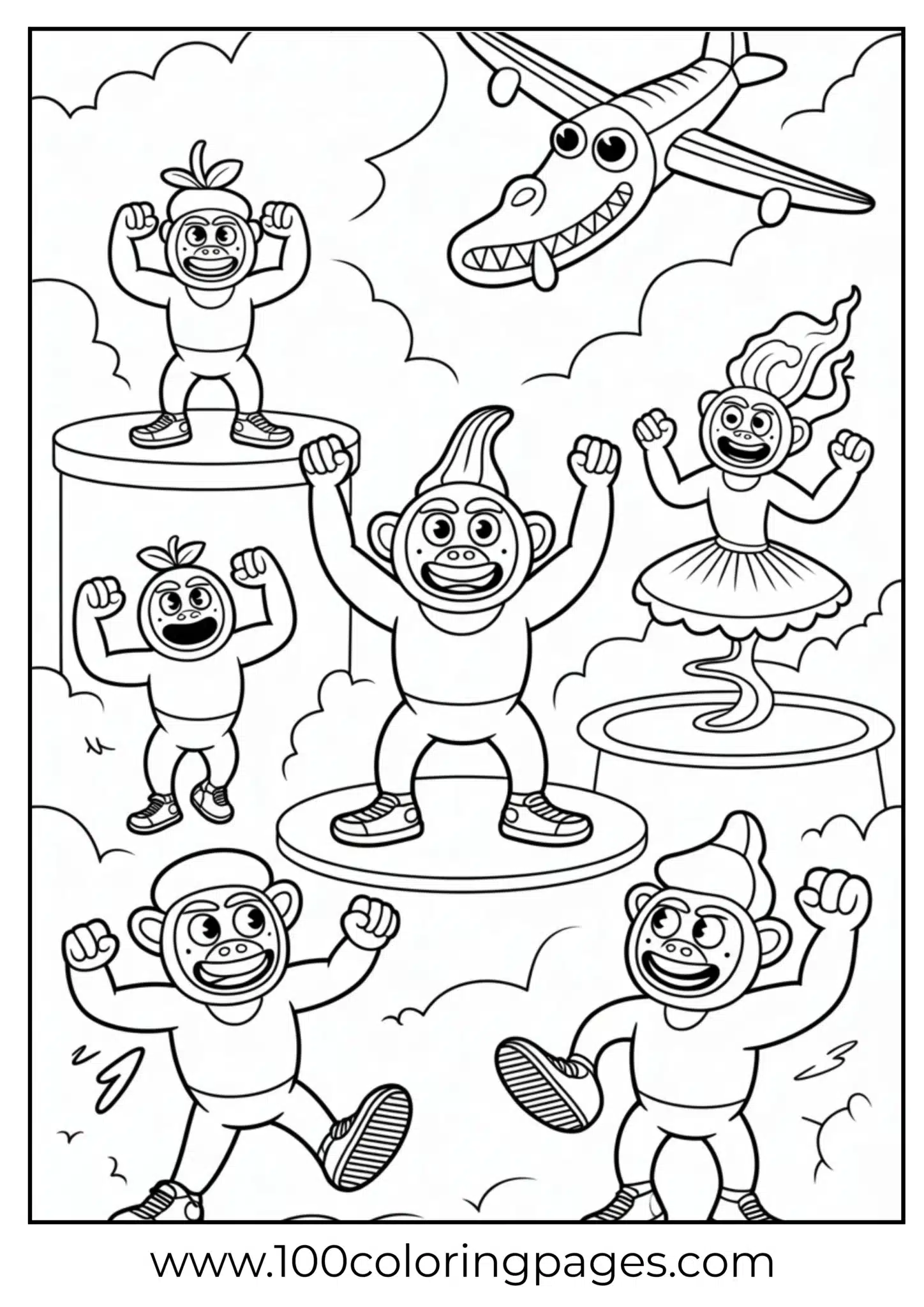Happy monkeys dancing among clouds with a playful airplane