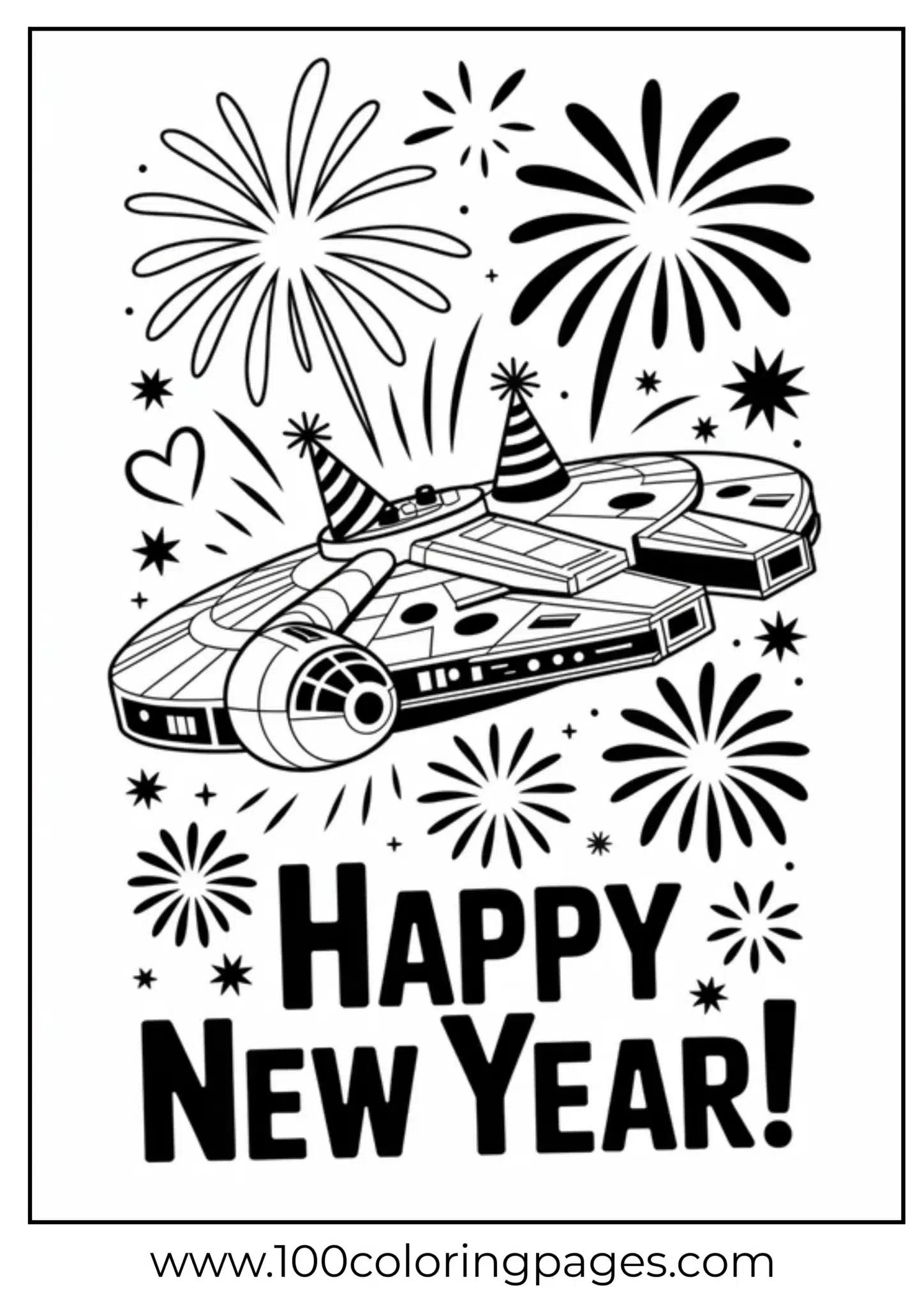 Spaceship with fireworks and 'Happy New Year!' text
