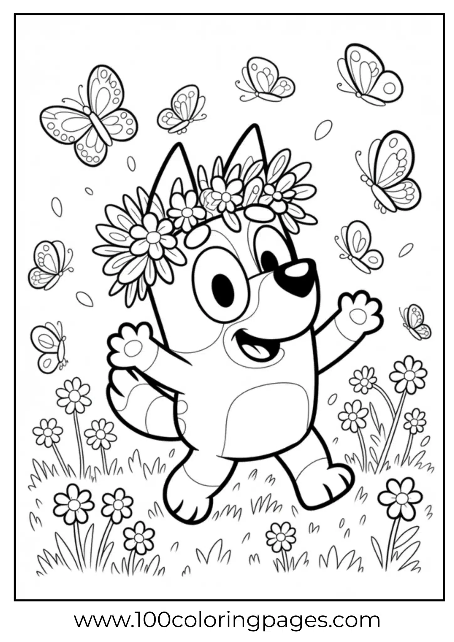 Cheerful puppy surrounded by butterflies and flowers