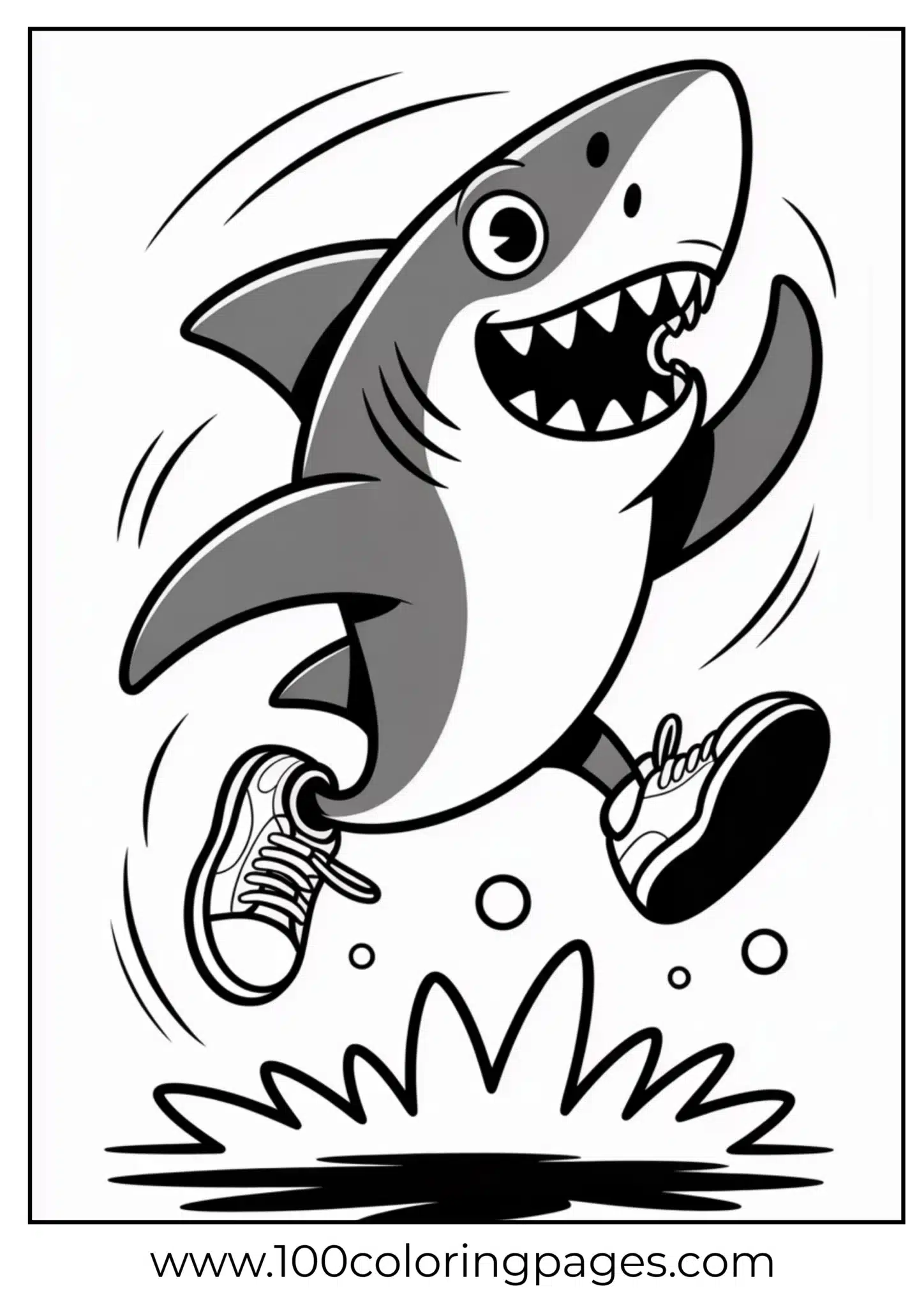 Happy shark jumping with sneakers on a coloring page
