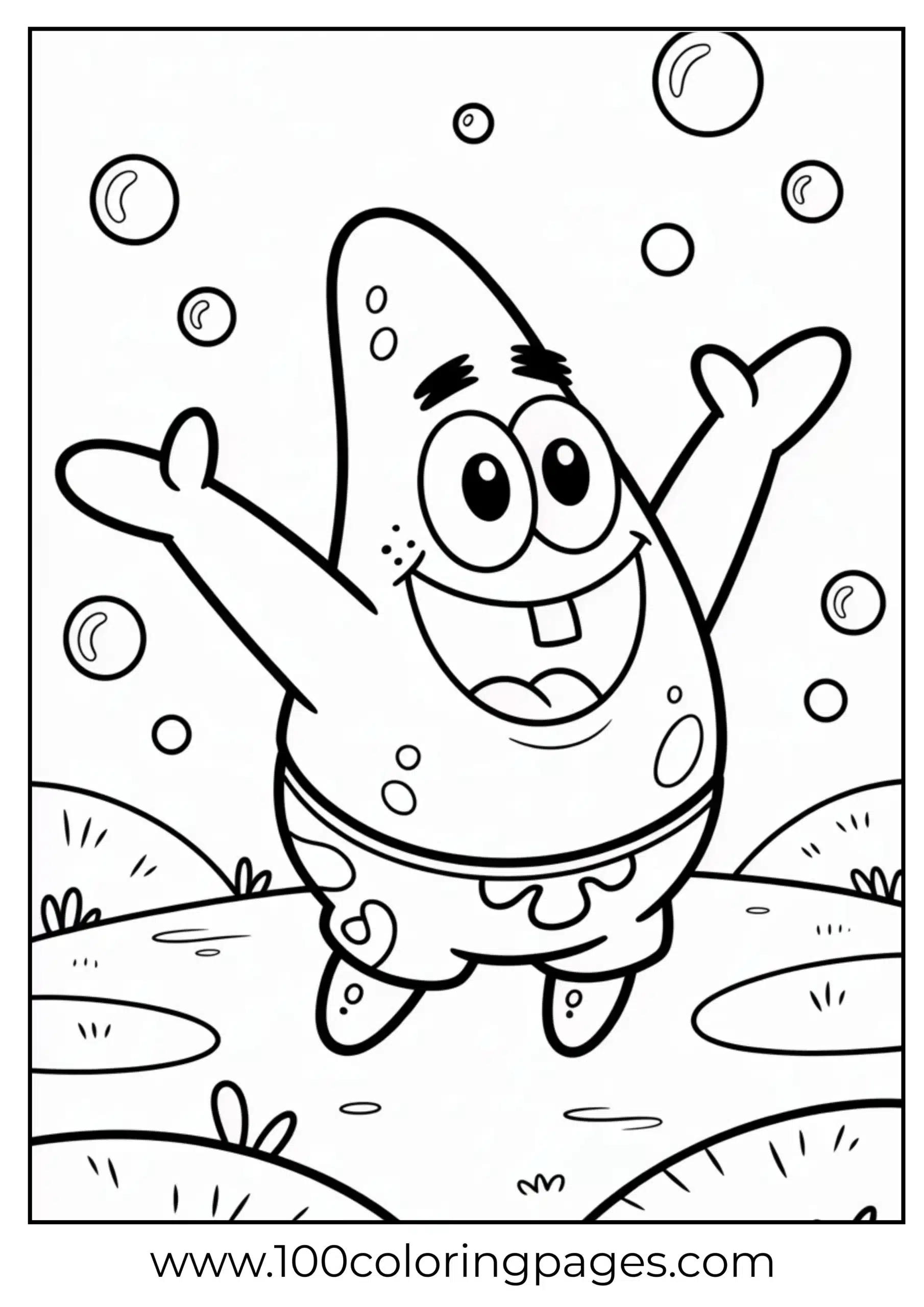 Patrick Star smiling with raised arms as coloring page