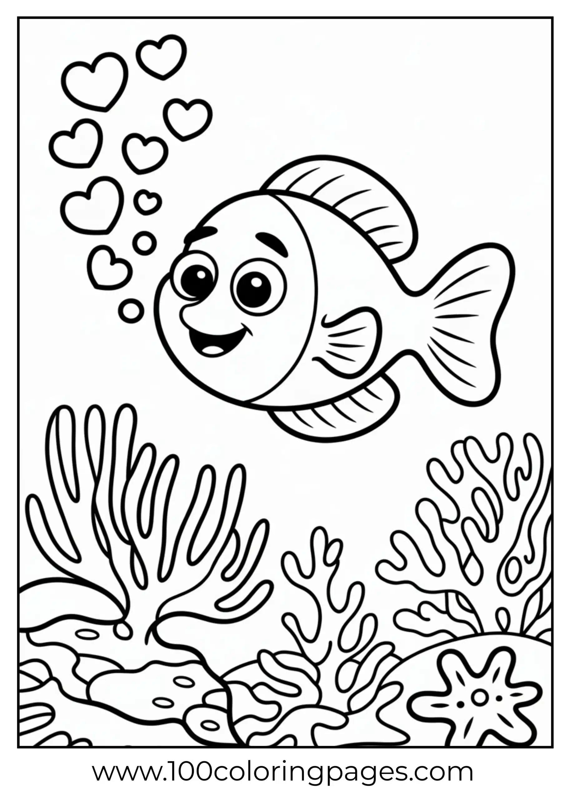 Cute fish blowing heart bubbles coloring page