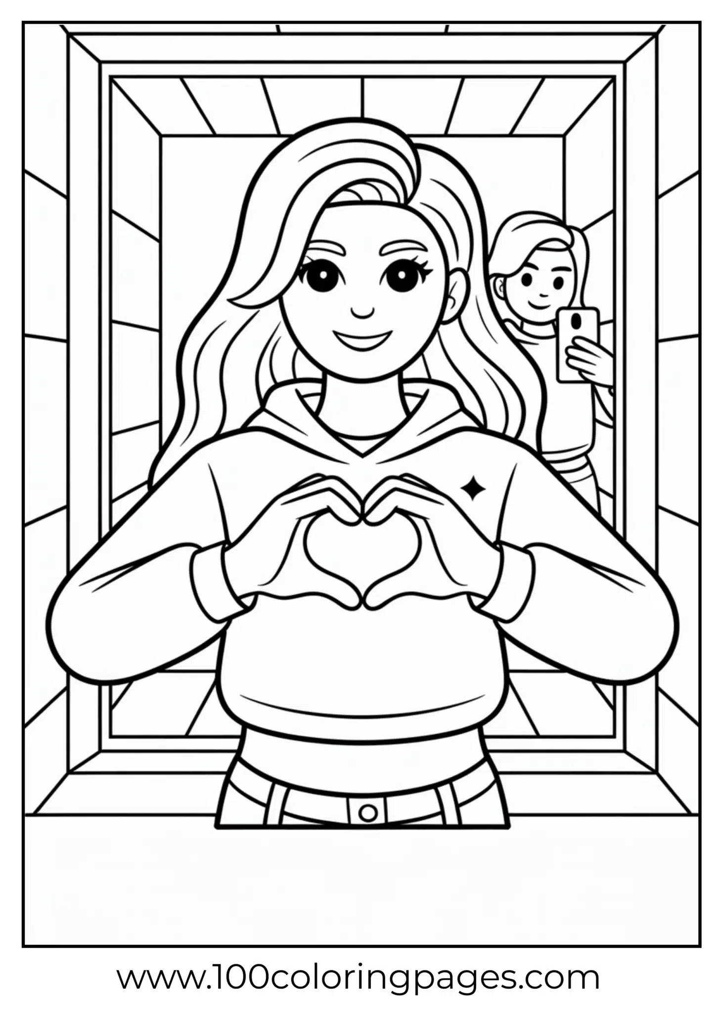 Girl making a heart shape with her hands in a mirror