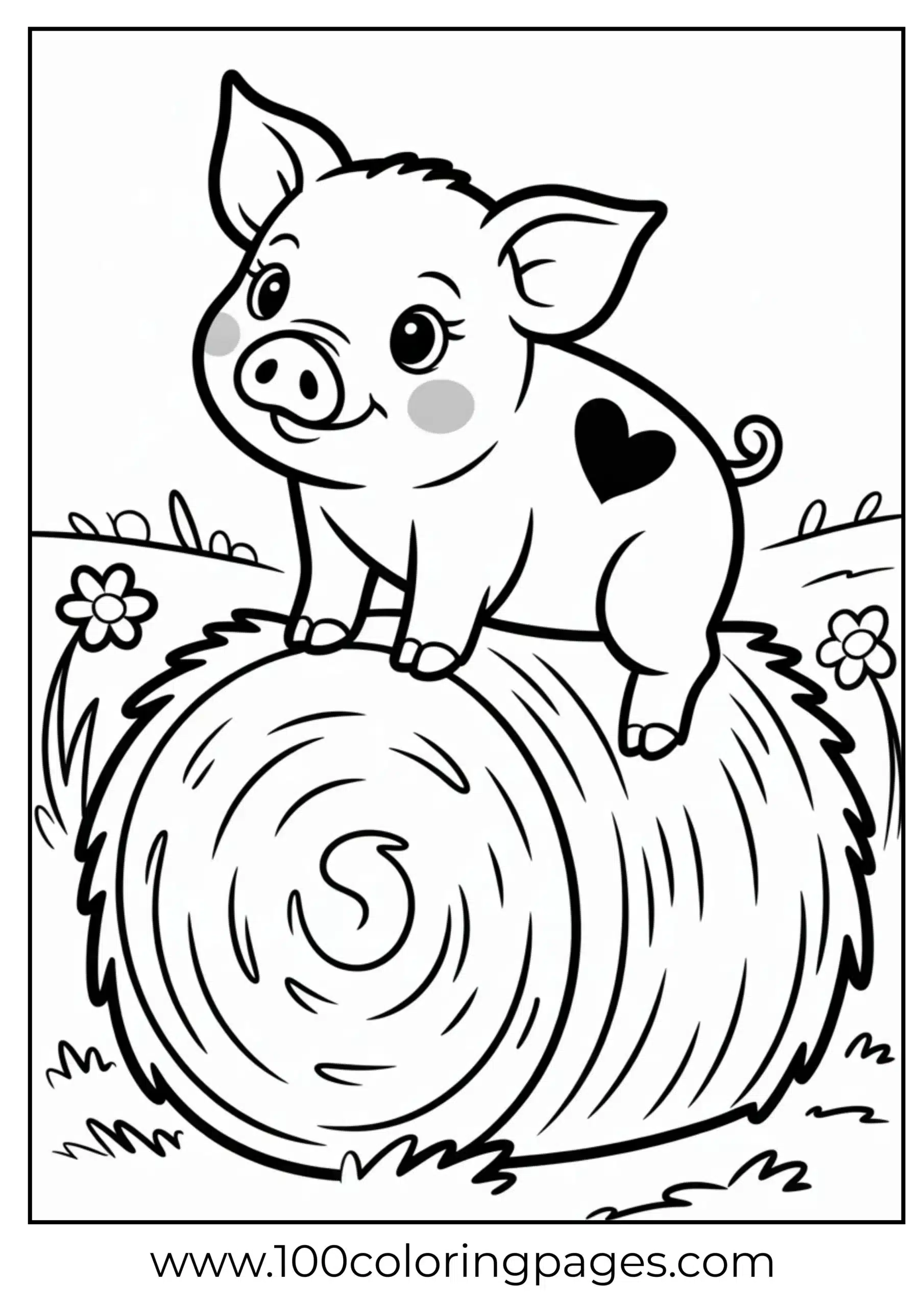 Cute piglet with heart-shaped patch coloring page