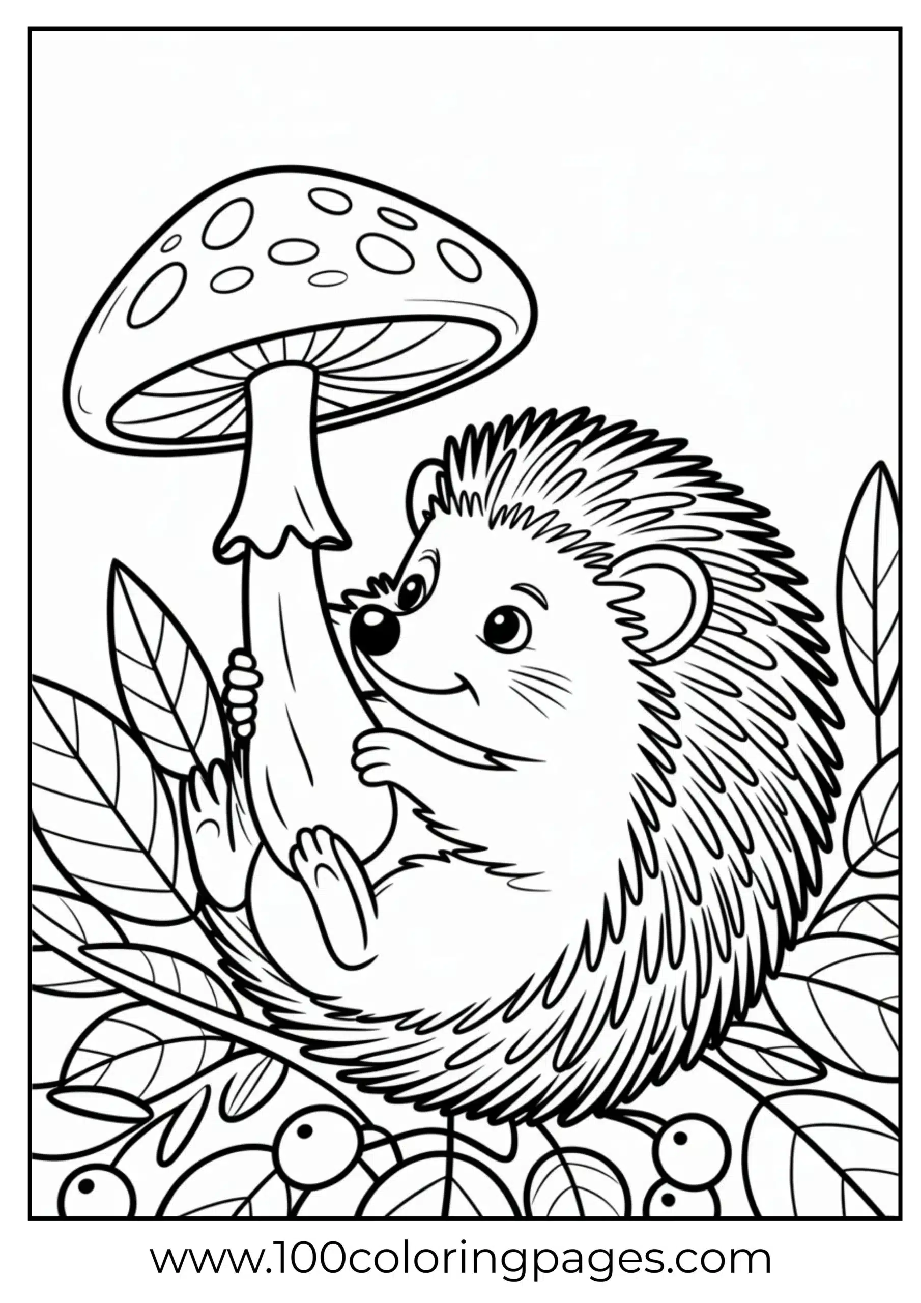 Cute hedgehog holding mushroom coloring page