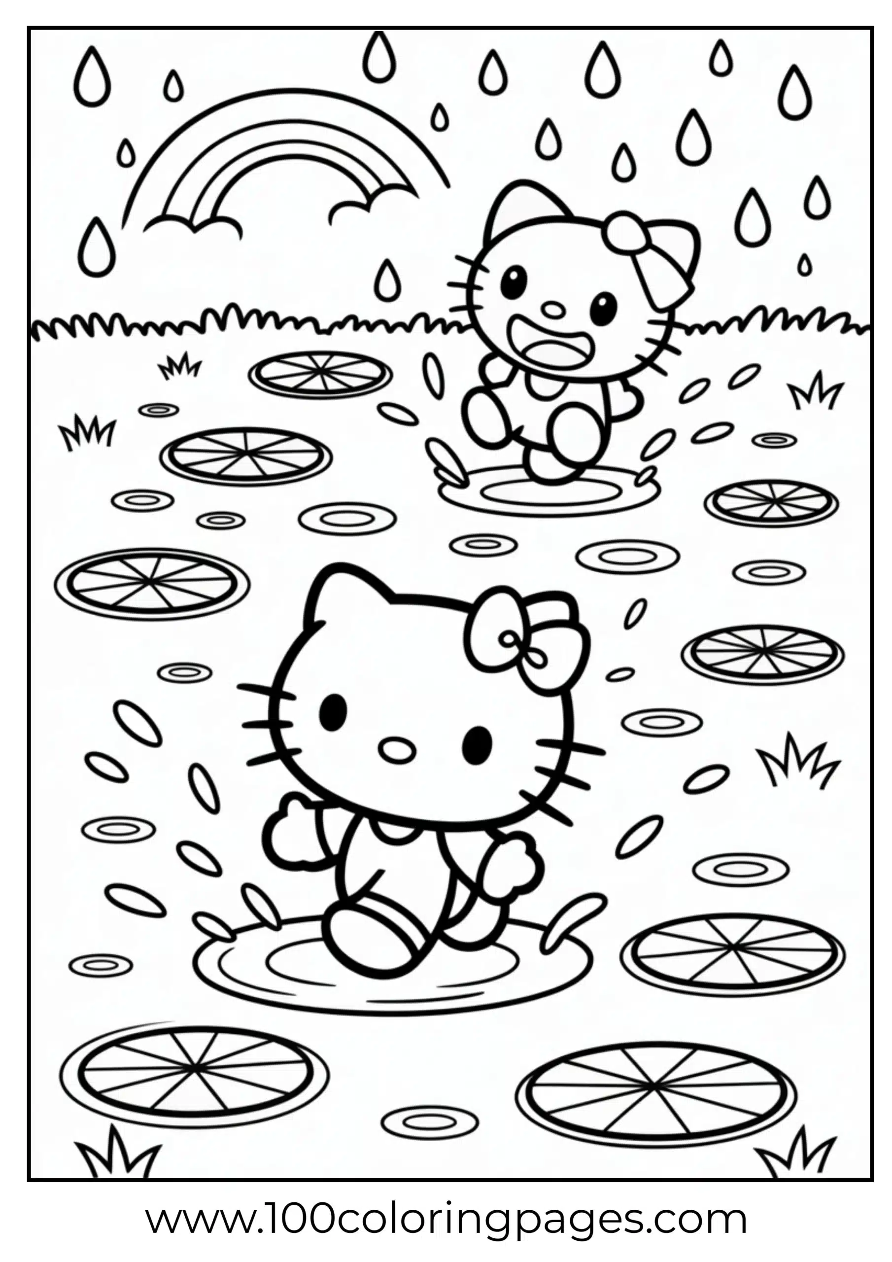 Hello Kitty and Keroppi in rain fun coloring page