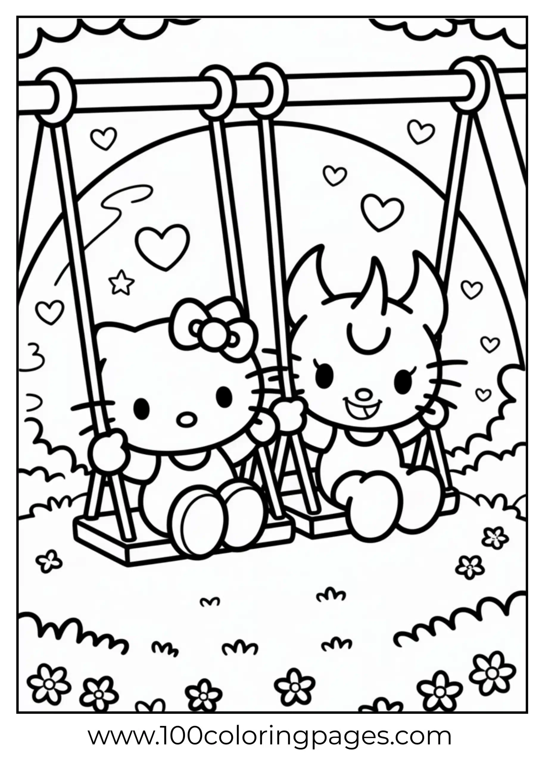 Hello Kitty and Kuromi swinging coloring page
