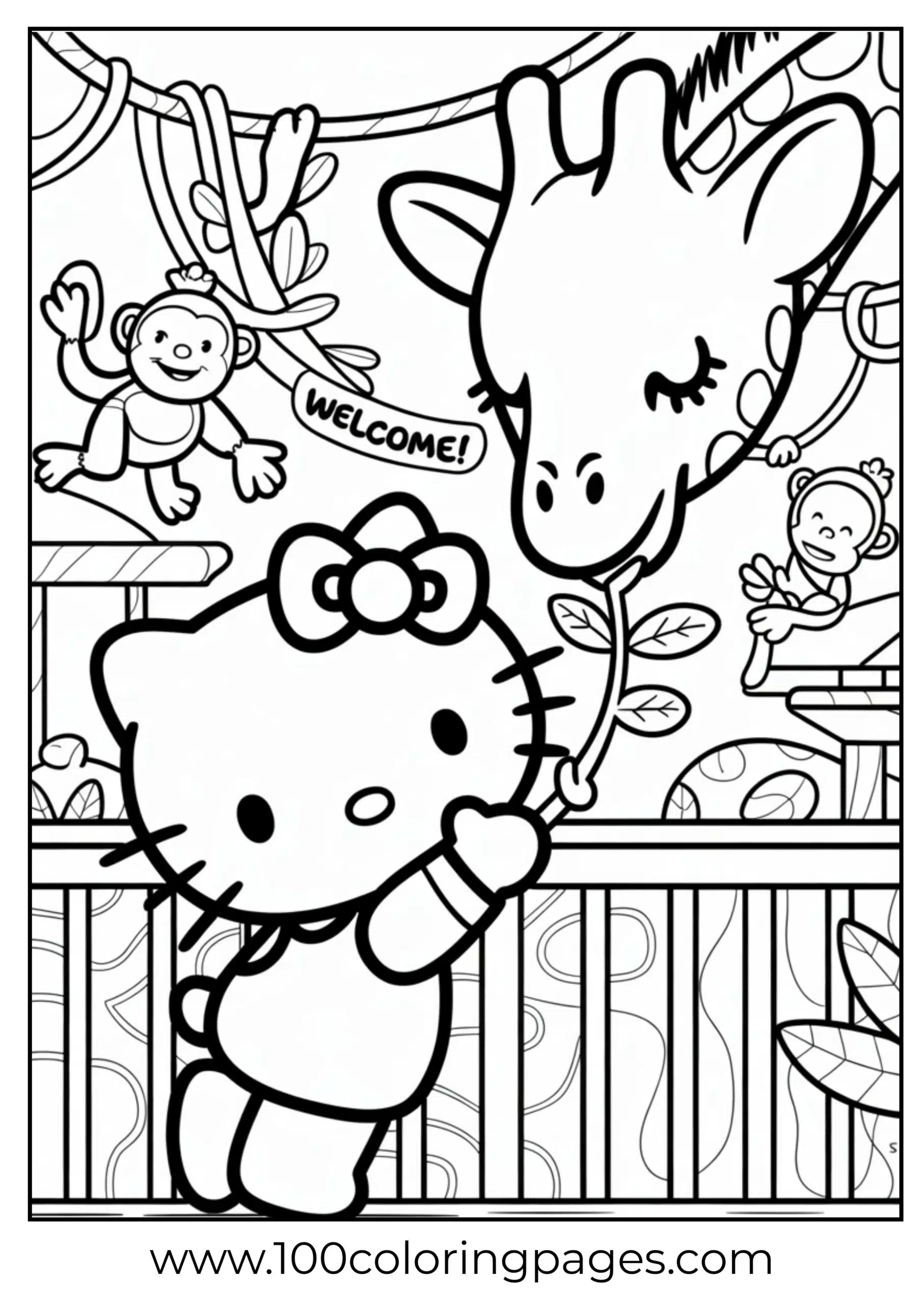 Hello Kitty visiting zoo coloring page