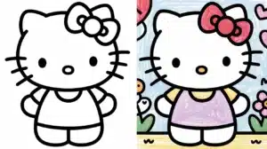 Side-by-side Hello Kitty coloring pages showing black-and-white and colored versions