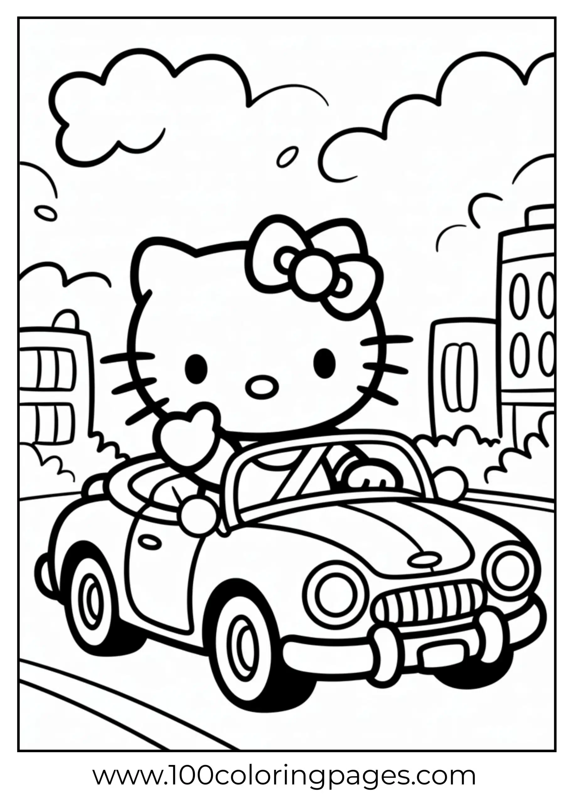 Hello Kitty in a car coloring page