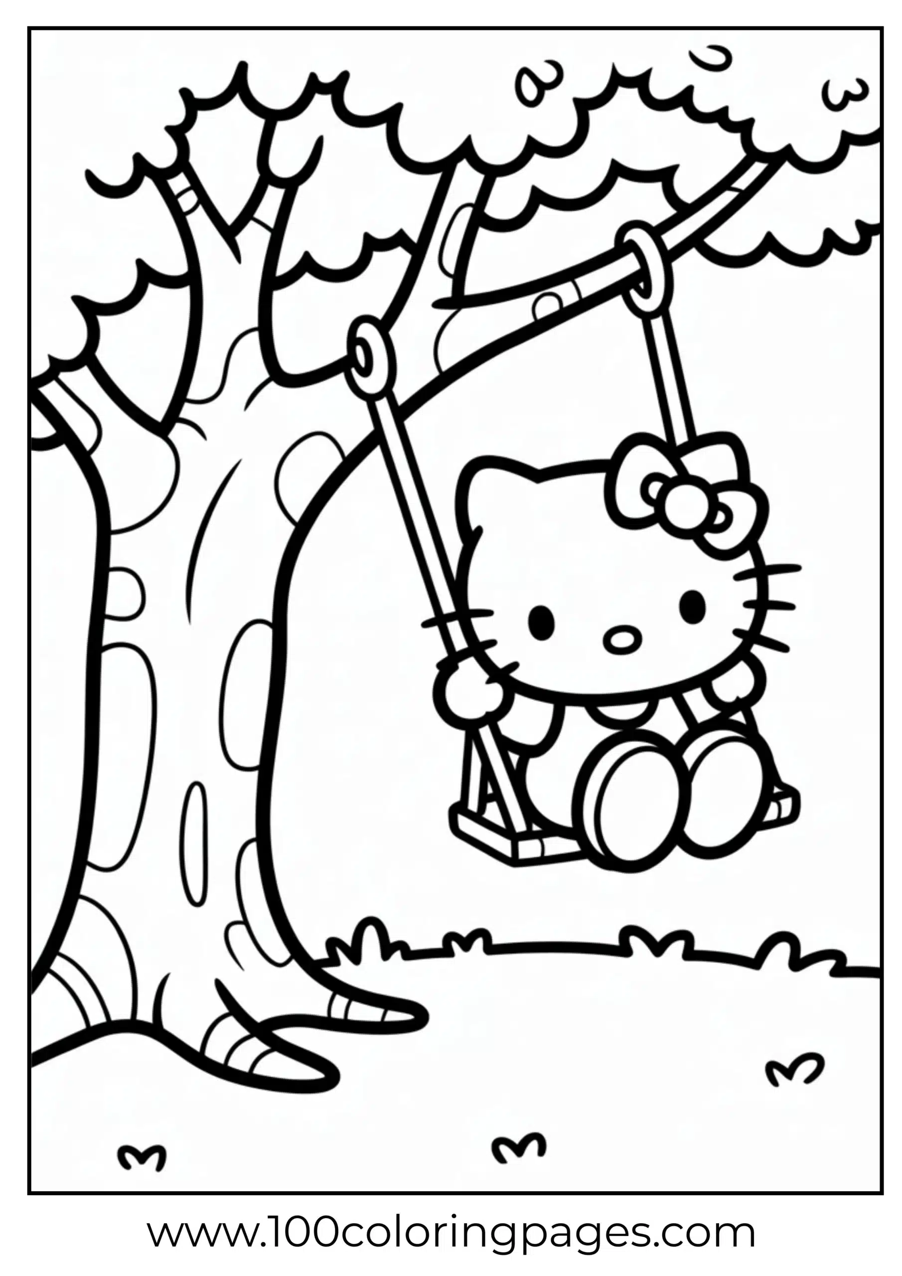 Hello Kitty swinging under a tree coloring page