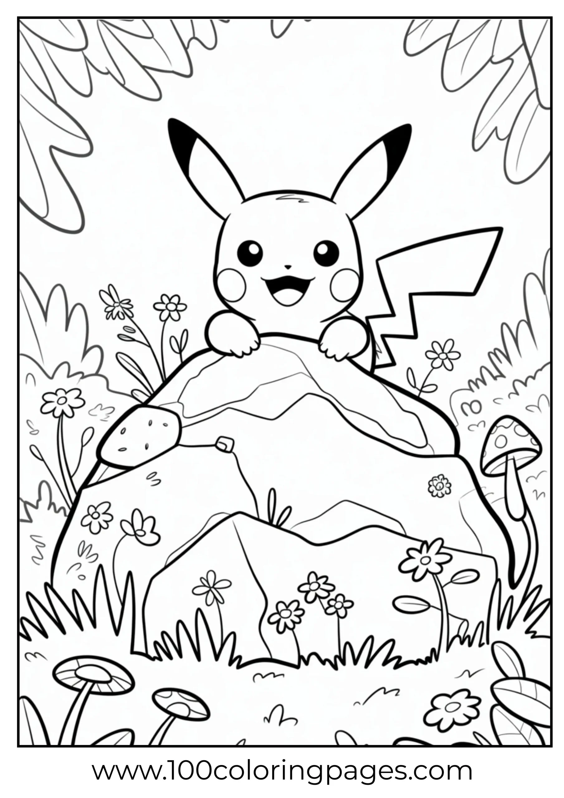Pikachu hiding behind rock with shy smile