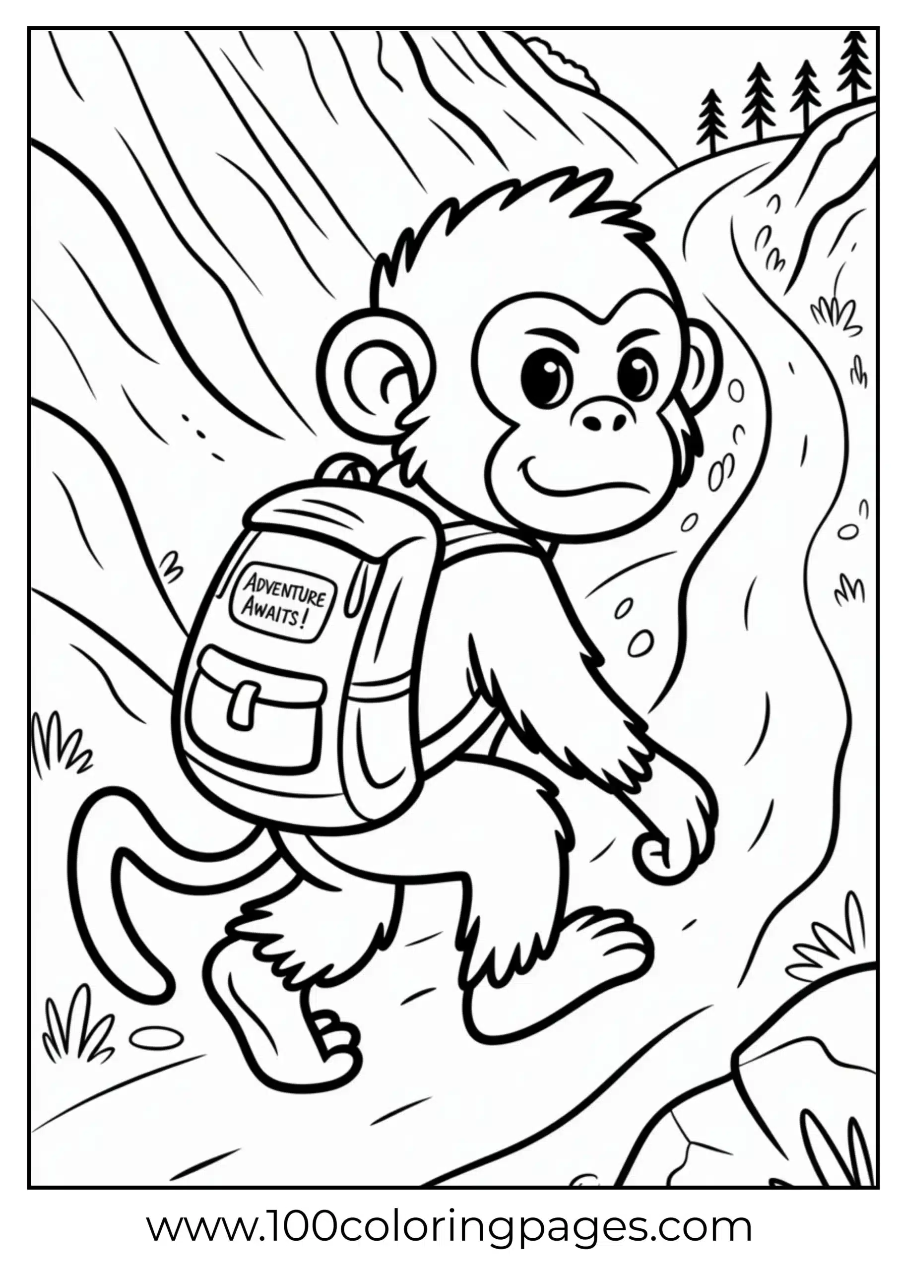 Monkey hiking mountain path coloring page