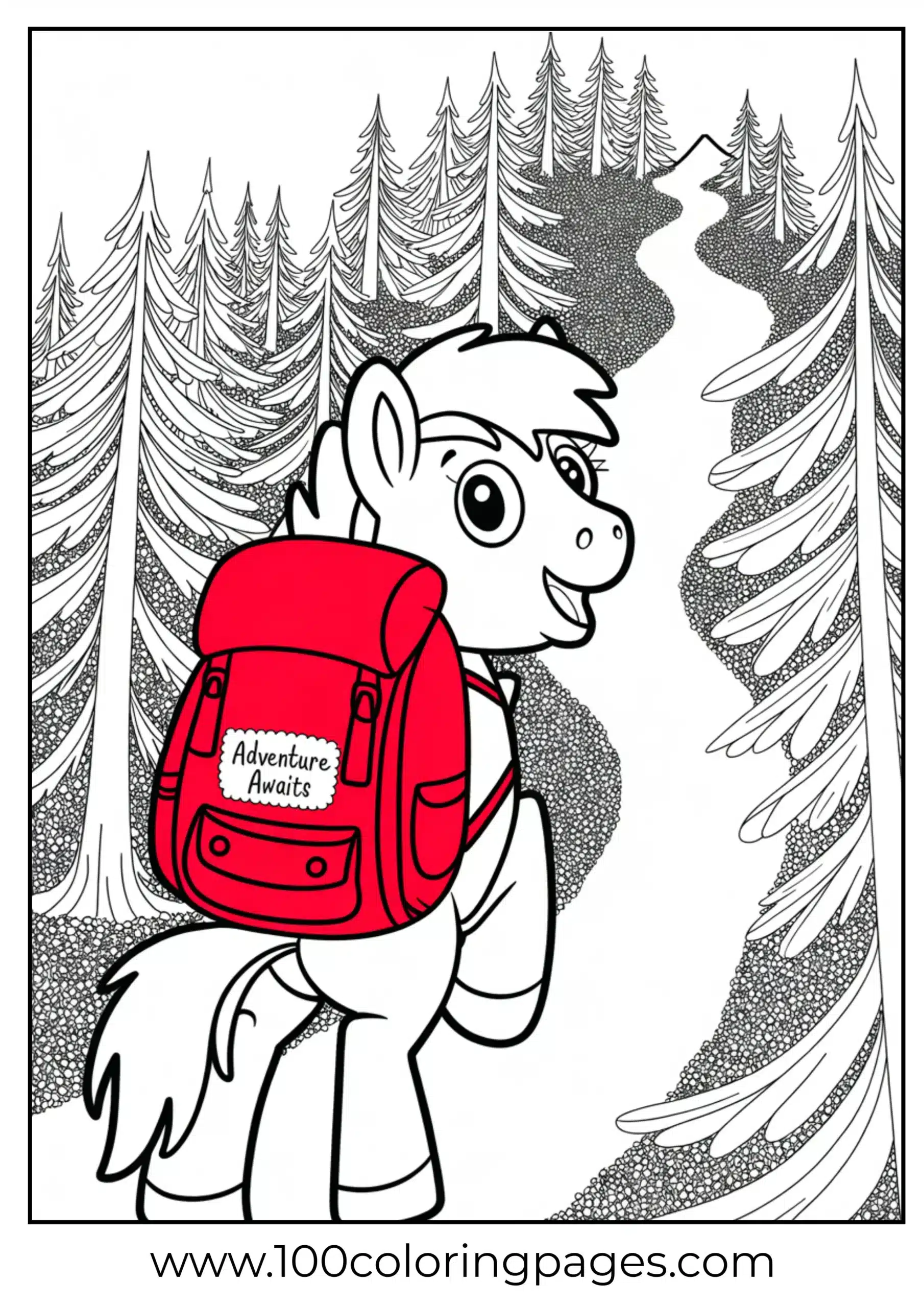 Pony hiking with backpack and trees