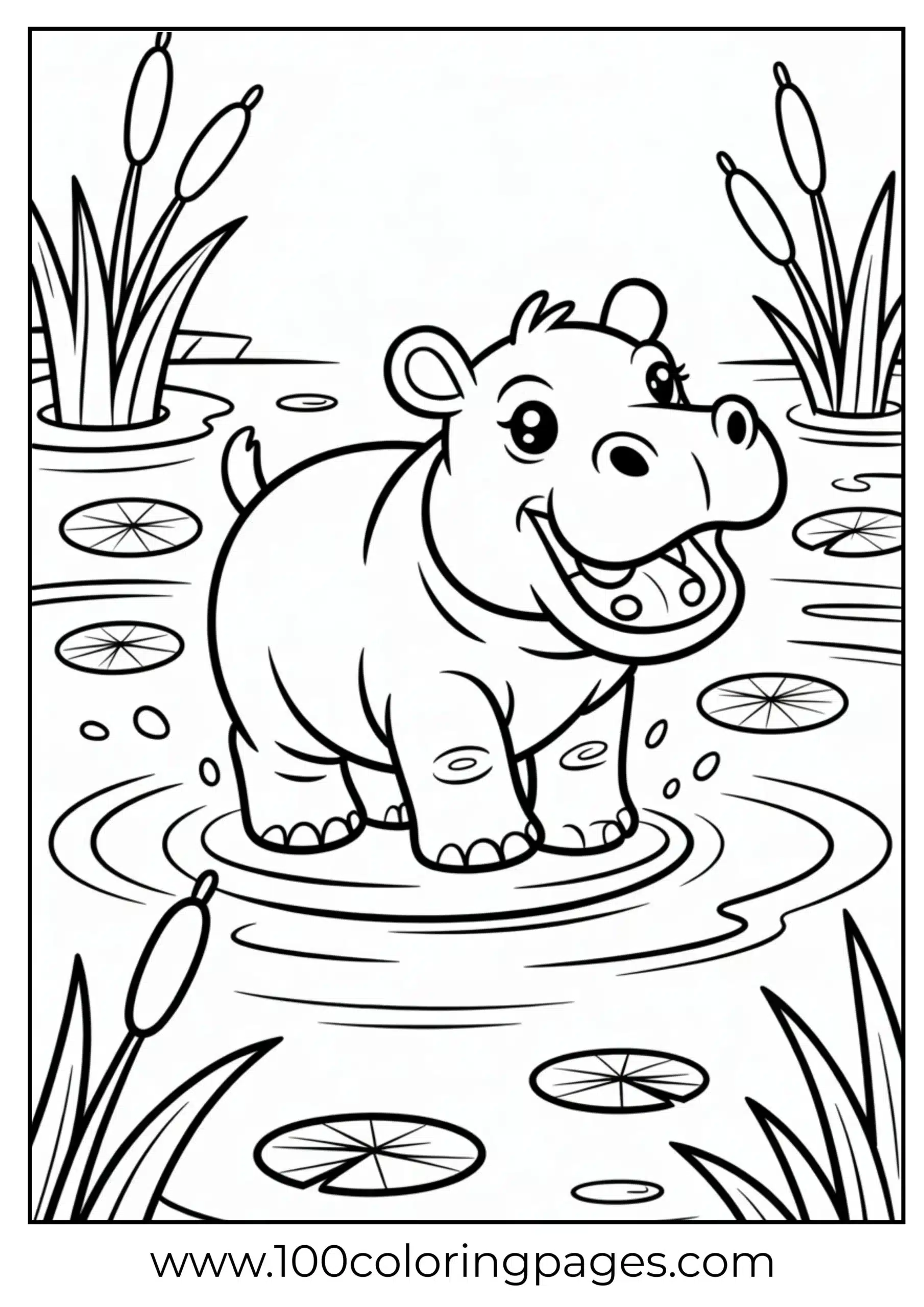 Cute baby hippo splashing in water coloring page