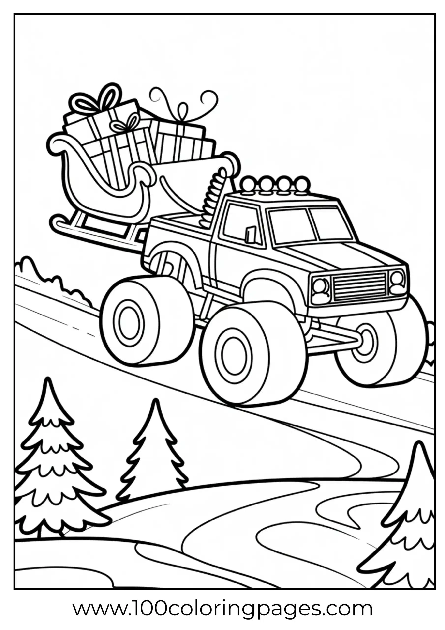 Monster truck in Christmas scene pulling sleigh