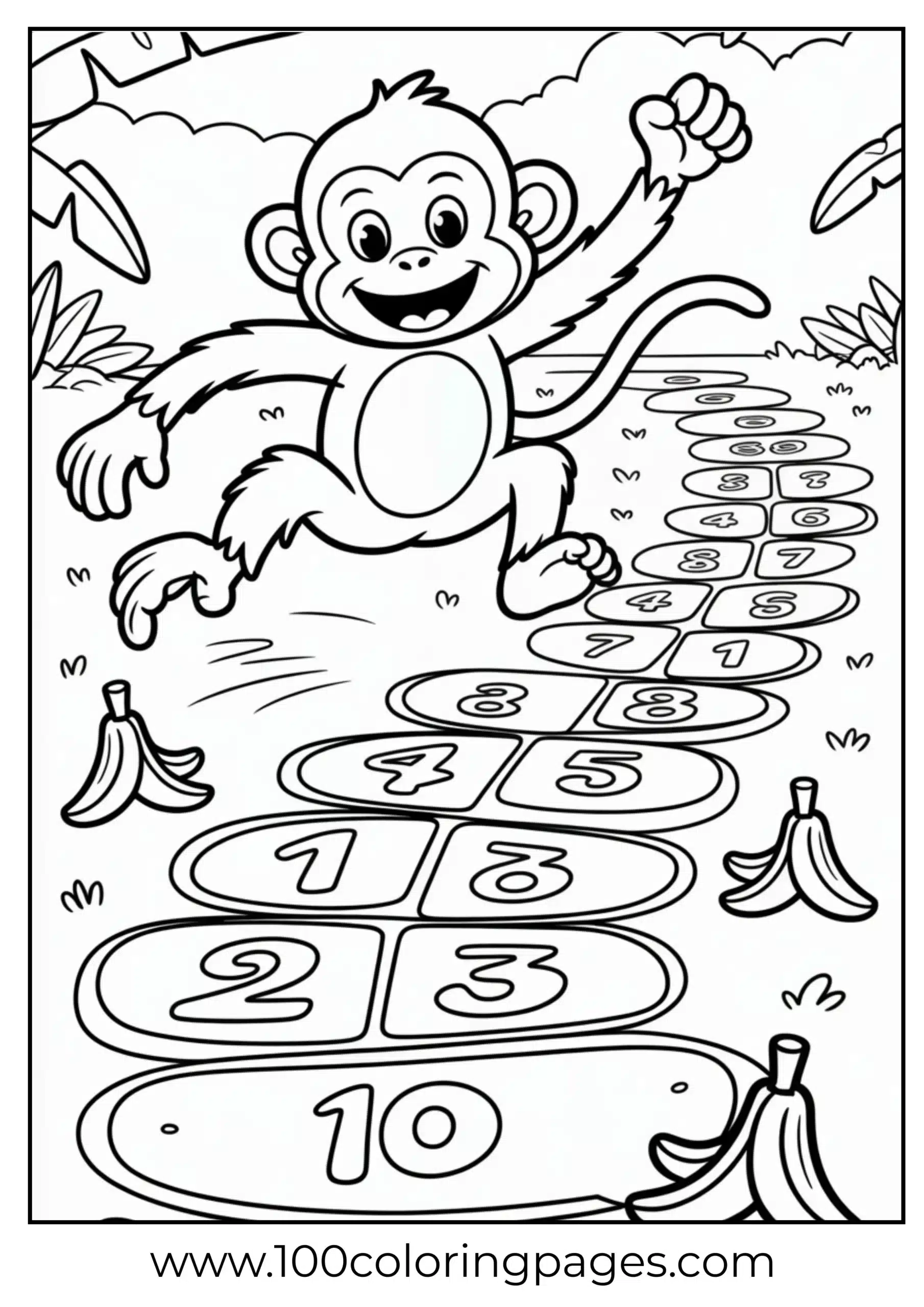 Monkey playing hopscotch on banana path coloring page