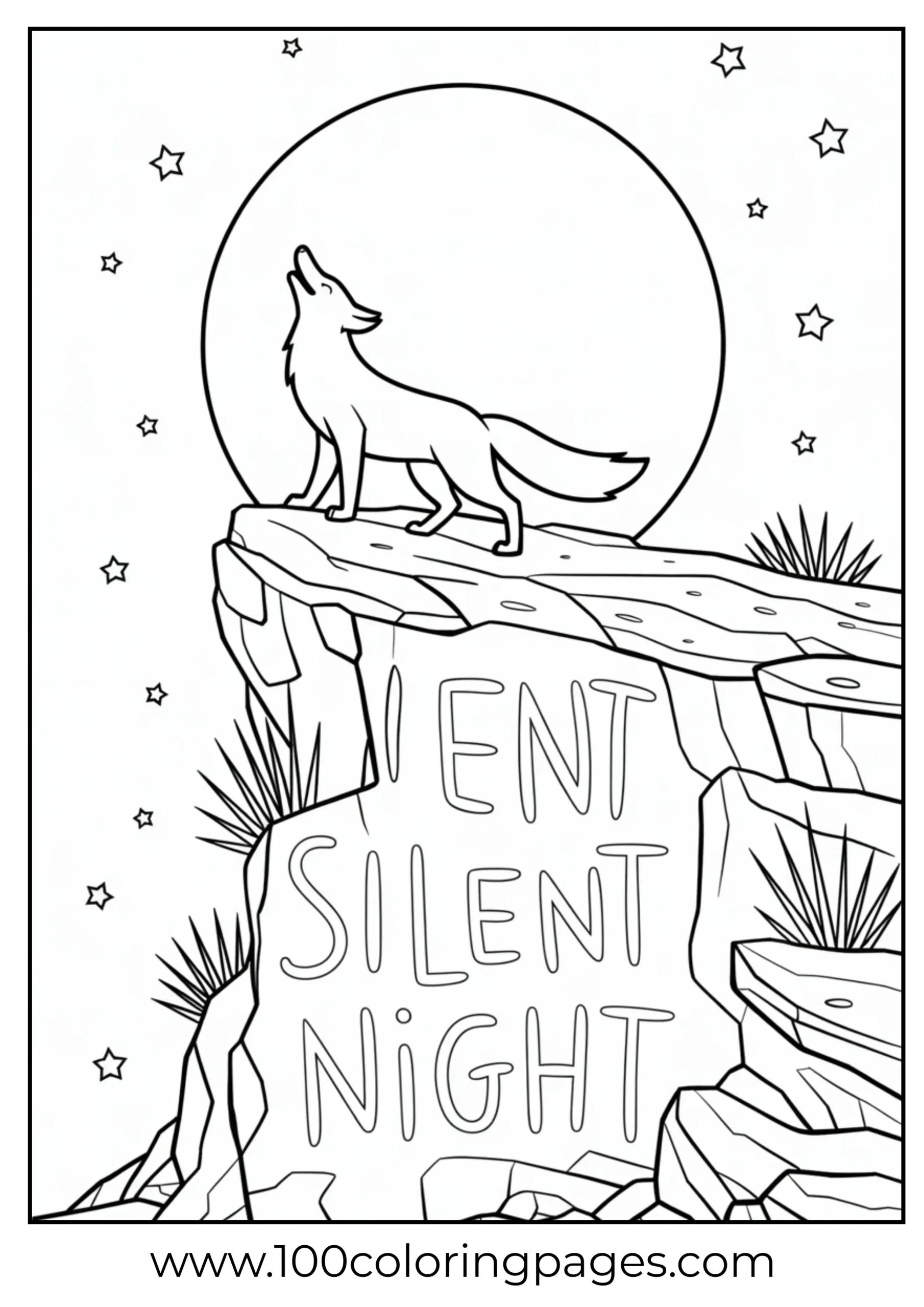 Fox silhouette howling at moon on ledge