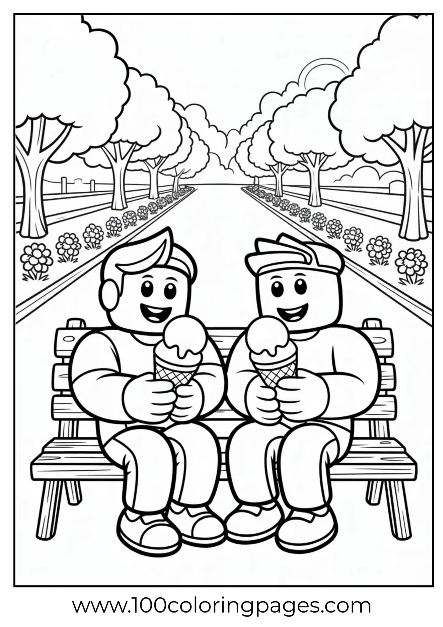 Two cartoon characters eating ice cream on a park bench
